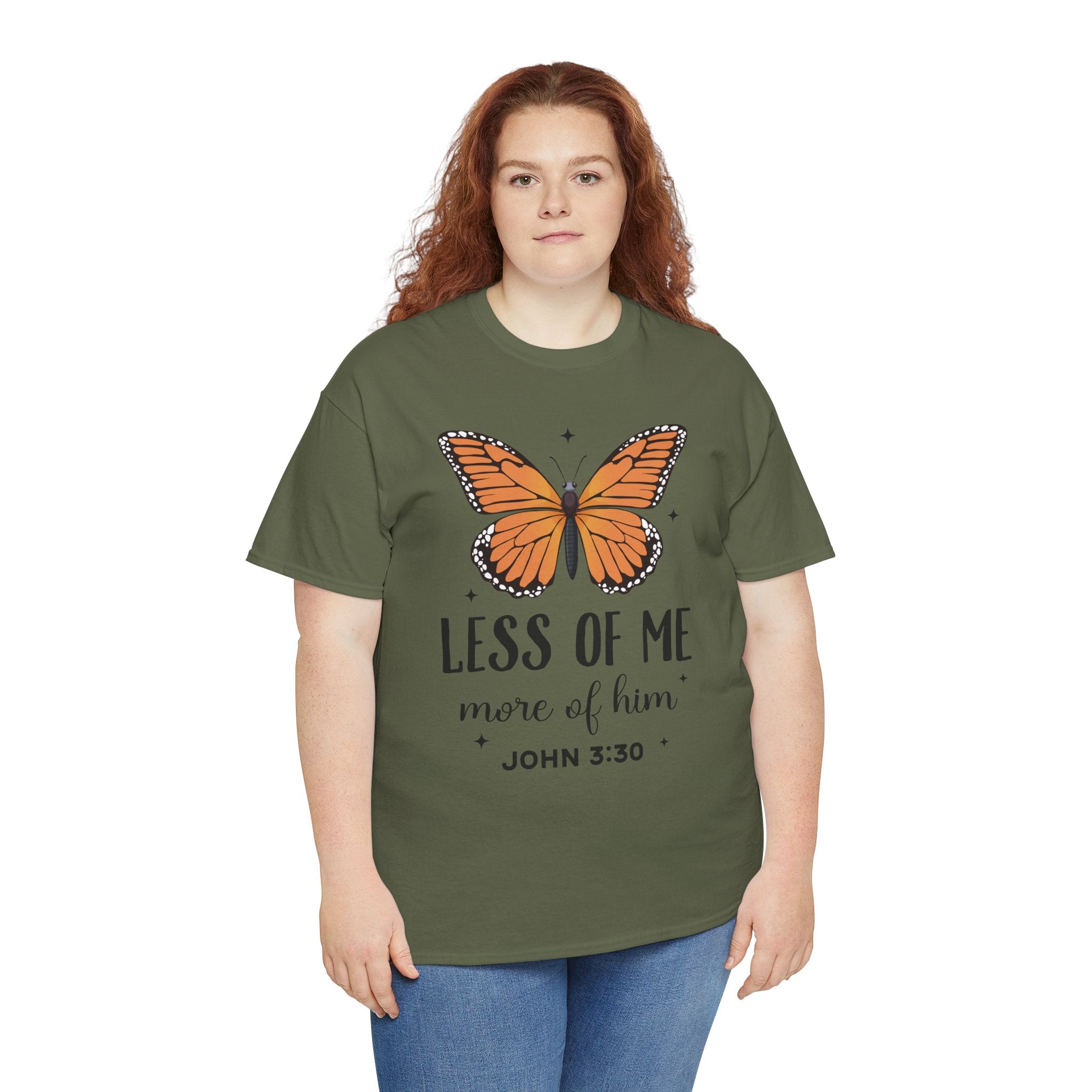 Monarch Butterfly Tee — "Less of Me, More of Him" Christian Unisex cotton T‑Shirt