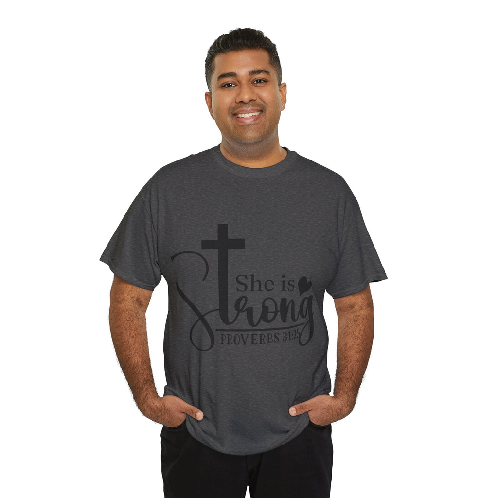 Proverbs 31:25 'She is Strong' T-Shirt – Christian Cross & Heart Unisex Cotton Tee