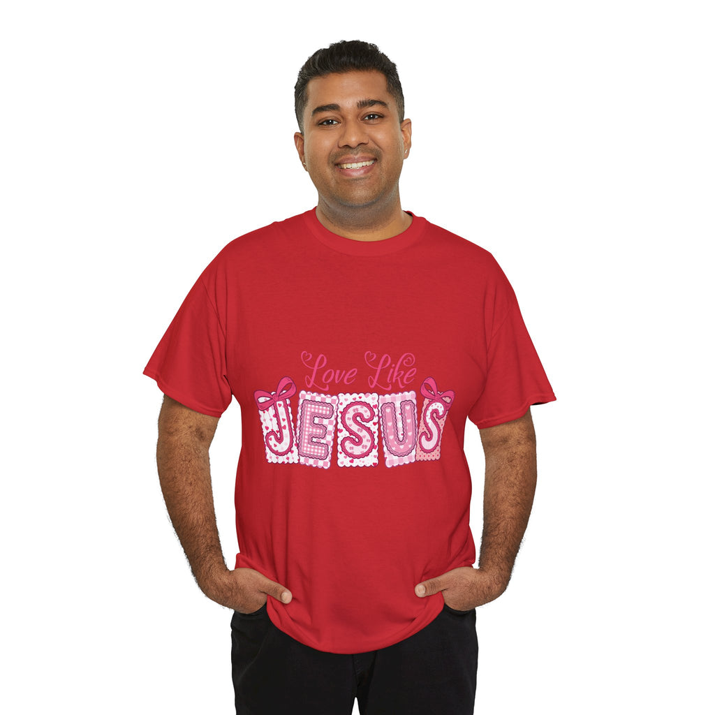 Love Like Jesus Patchwork Tee — Pink Stitched Heart Graphic.Unisex Cotton Tee