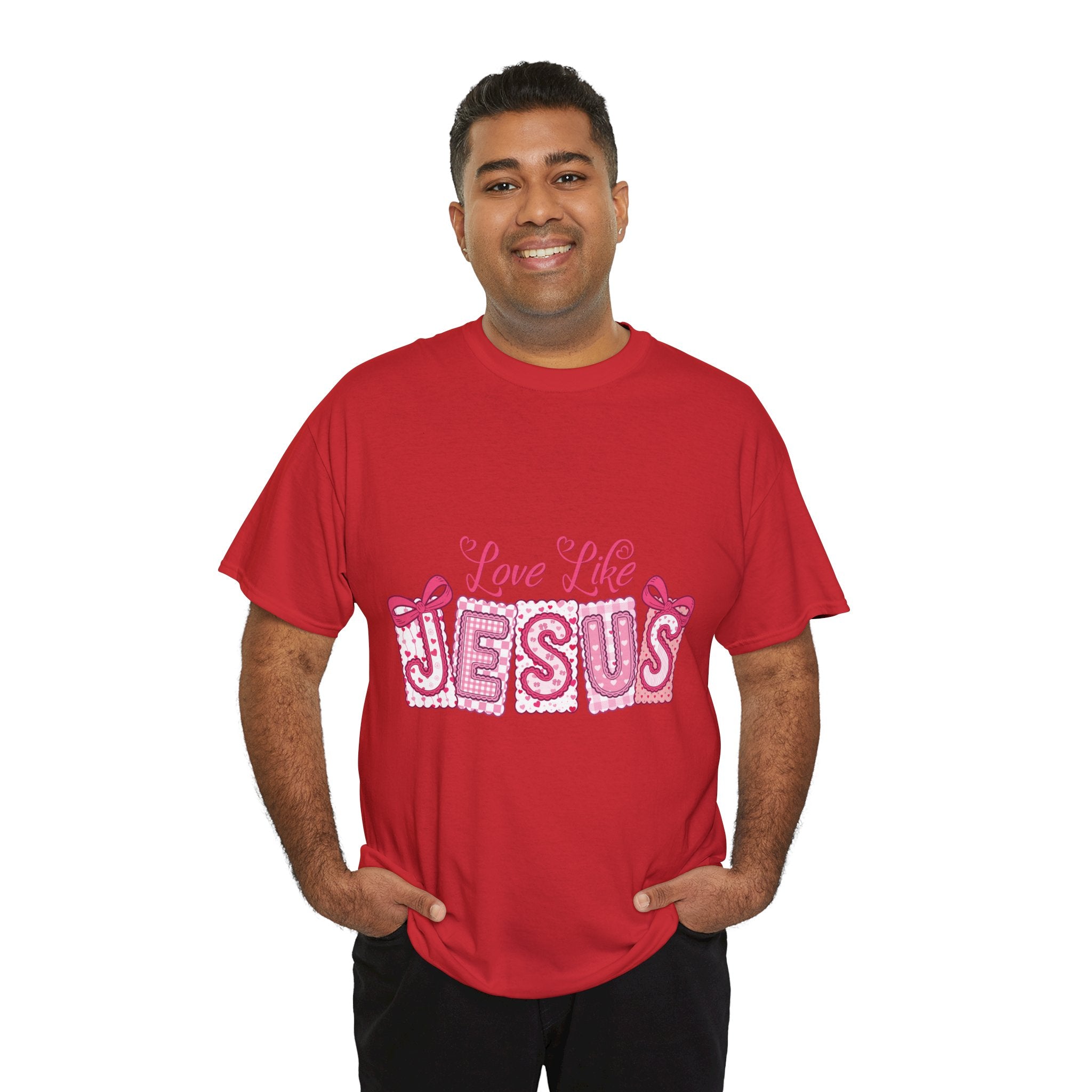 Love Like Jesus Patchwork Tee — Pink Stitched Heart Graphic.Unisex Cotton Tee