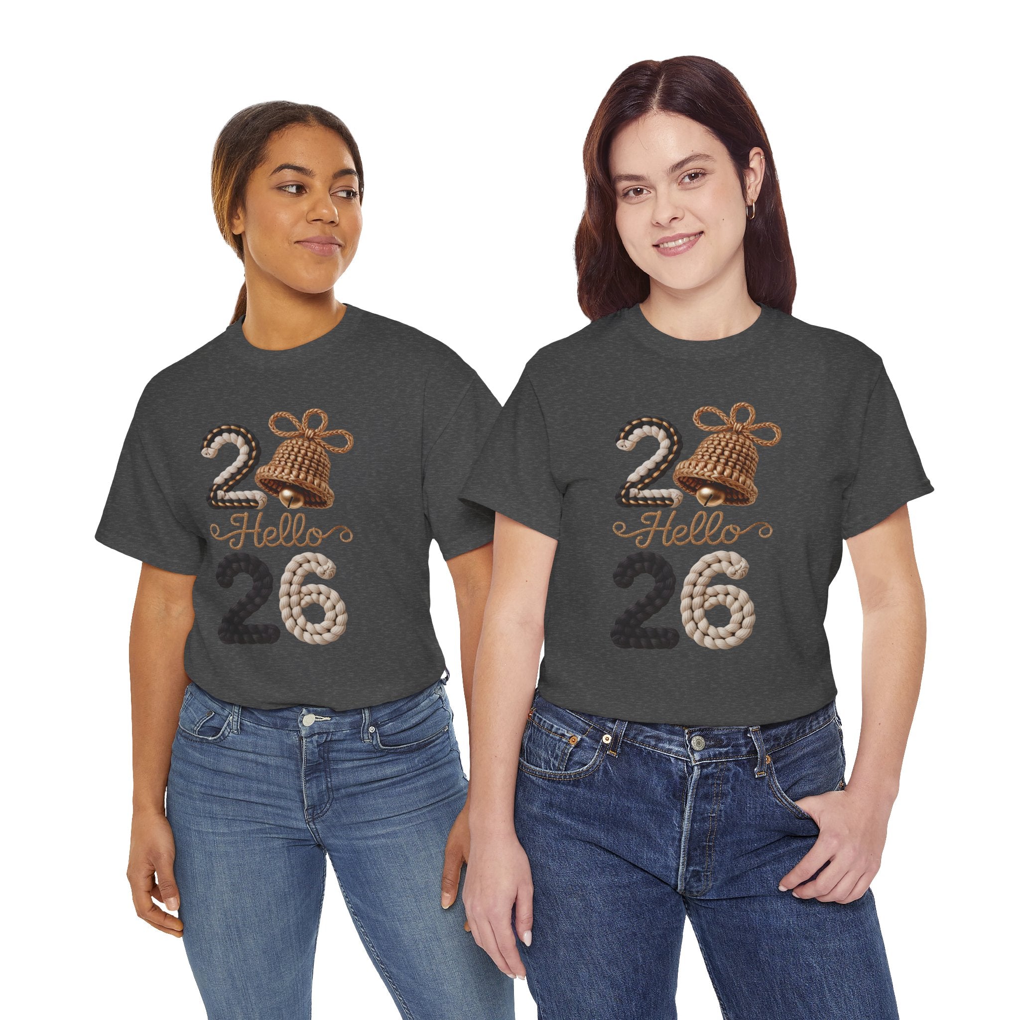 Hello 2026 Tee — Cozy Faux Yarn Braided Numbers with Woven Golden Bell..Unisex Cotton Tee