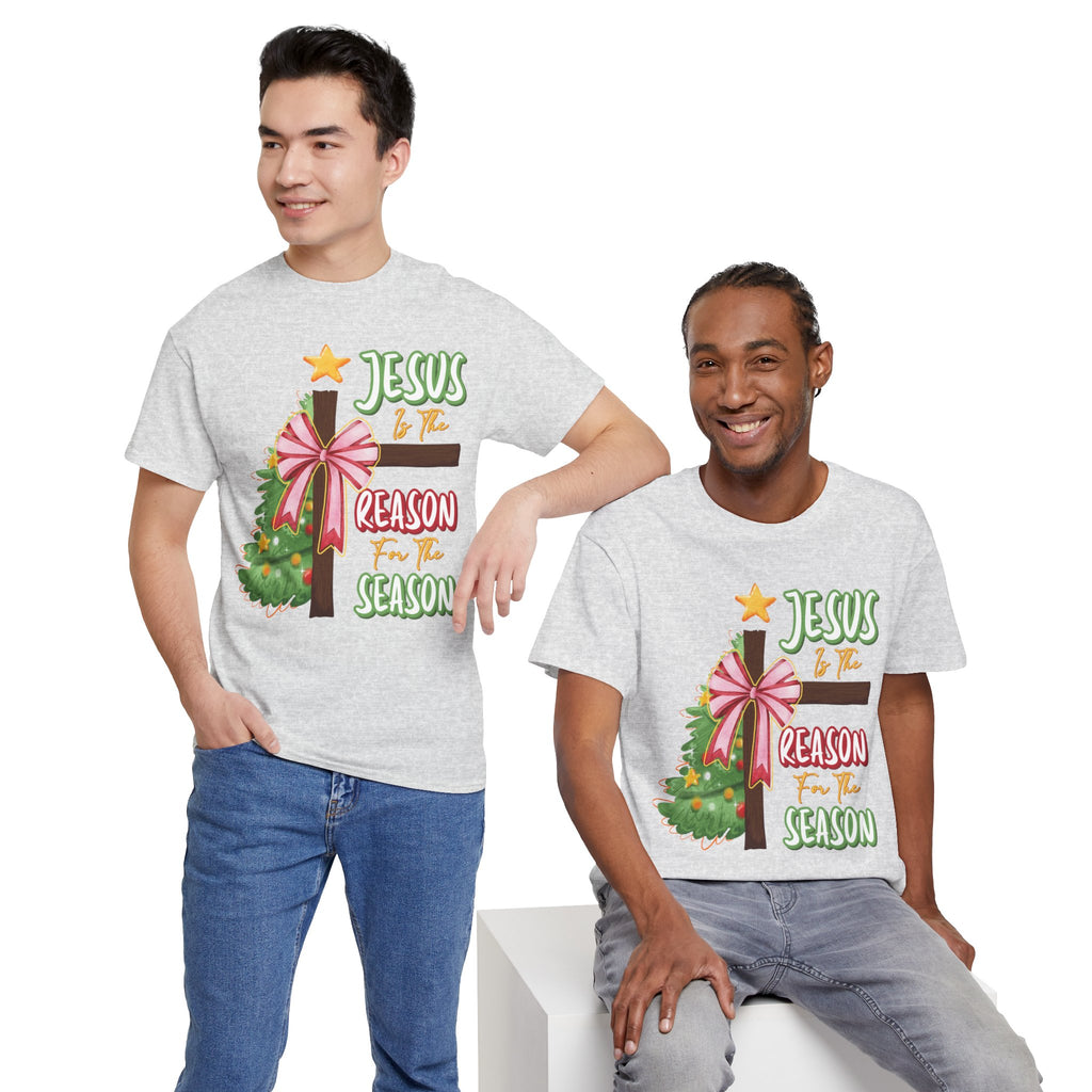 Jesus Is the Reason for the Season Christmas Tee — Cross with Pink Bow & Tree. Unisex Cotton Tee