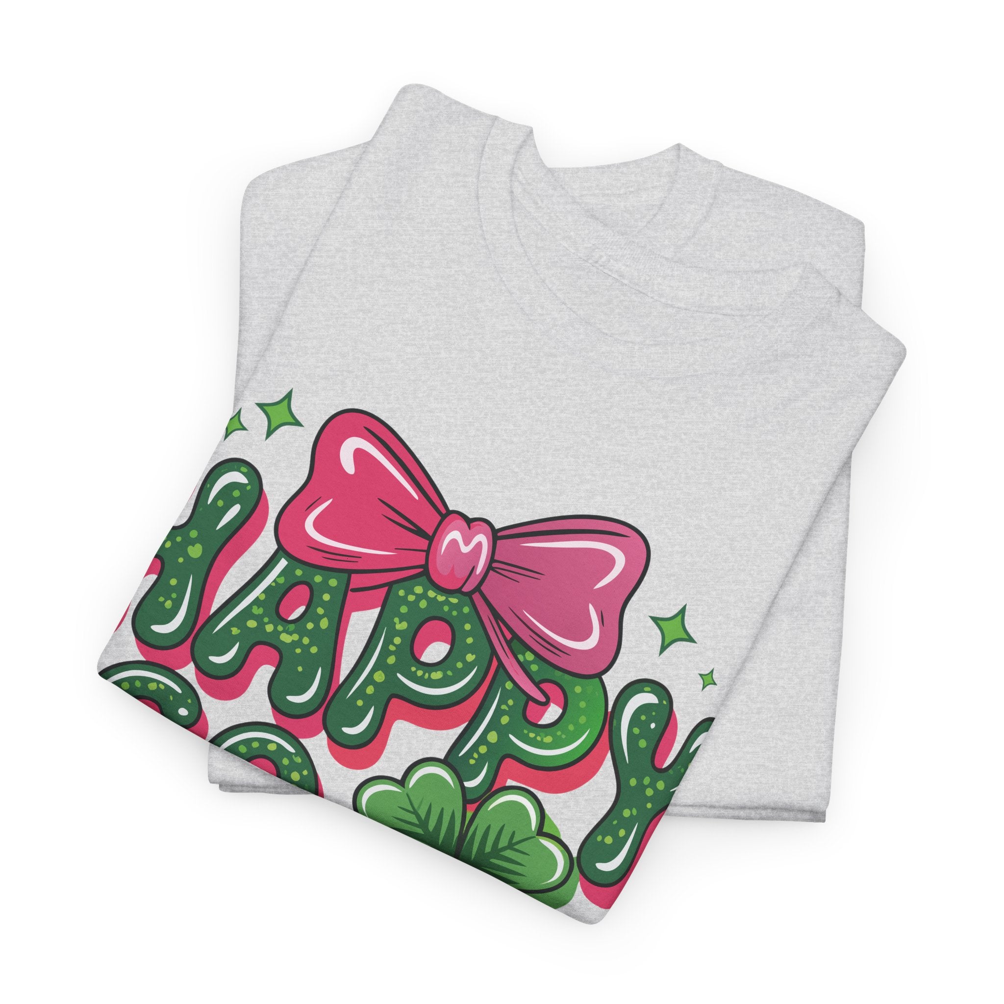 Happy Go Lucky Four-Leaf Clover Tee — Glossy Green Letters & Pink Bow Unisex Cotton Tee