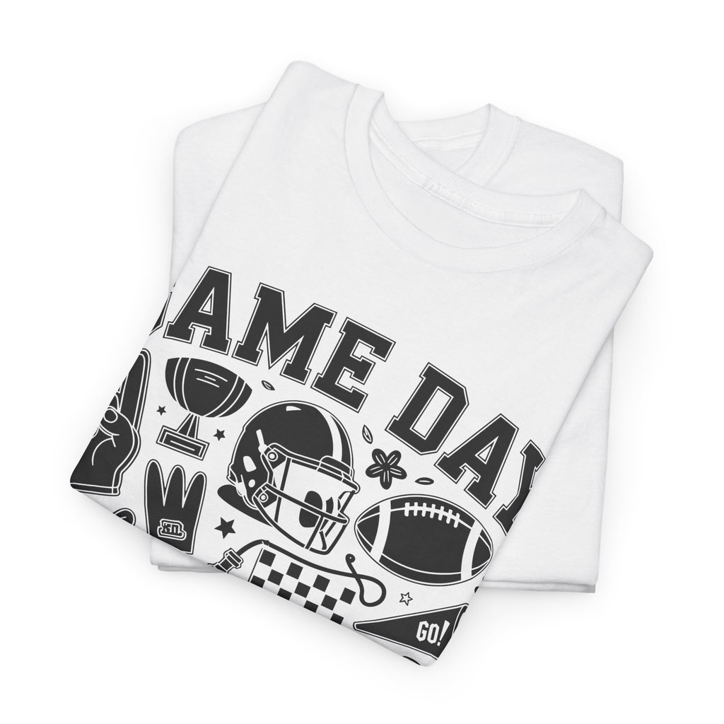 Game Day Touch Down Football T‑Shirt — Helmet & Cheer Monochrome Design Unisex Cotton Tee