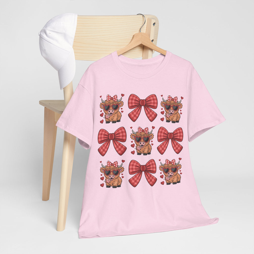 Valentine Cow Checkered Tee — Fluffy Cows with Heart Sunglasses & Red Bows..Unisex Cotton Tee
