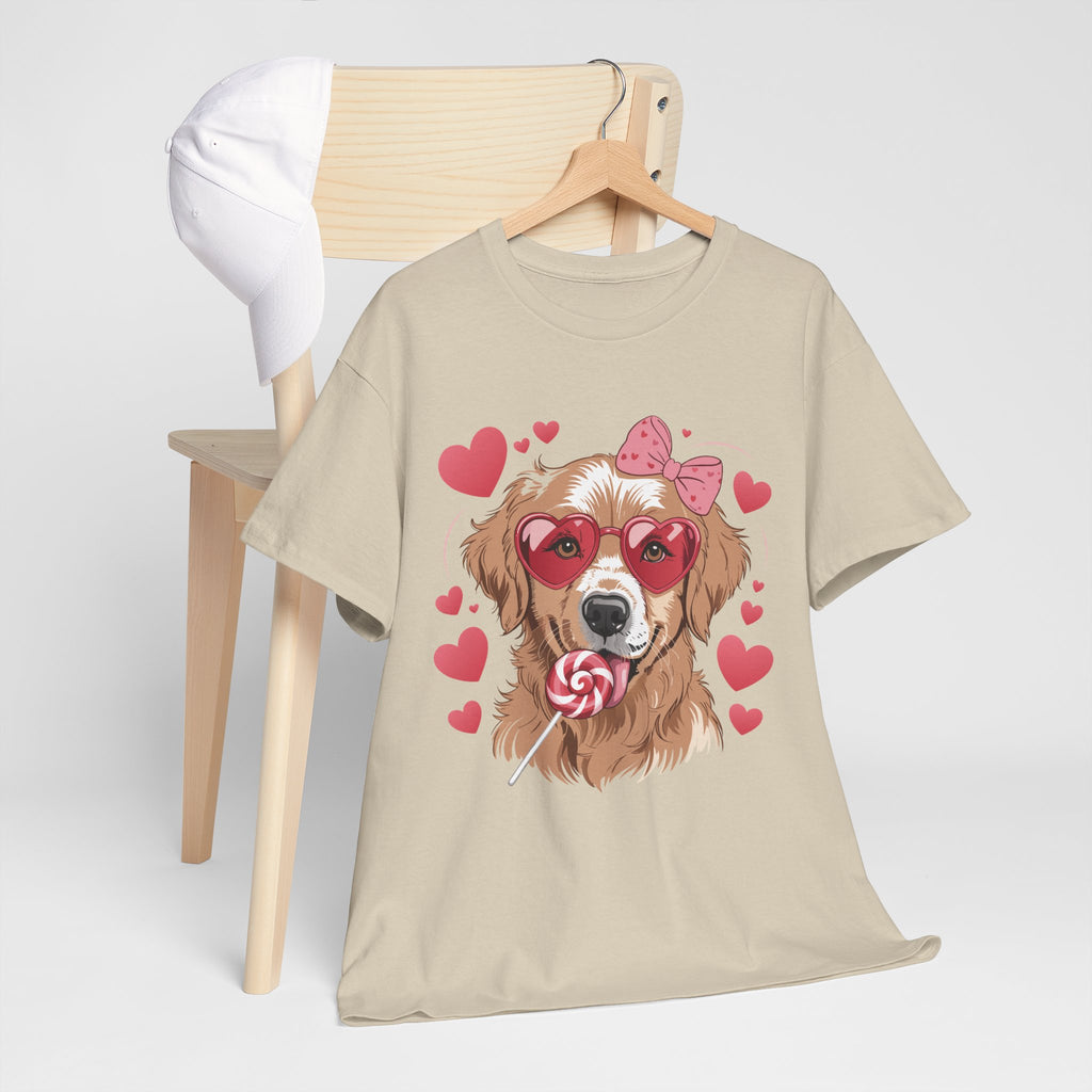 Valentine Dog T-Shirt — Cute Pup with Heart Glasses, Pink Bow & Lollipop..Unisex Cotton Tee