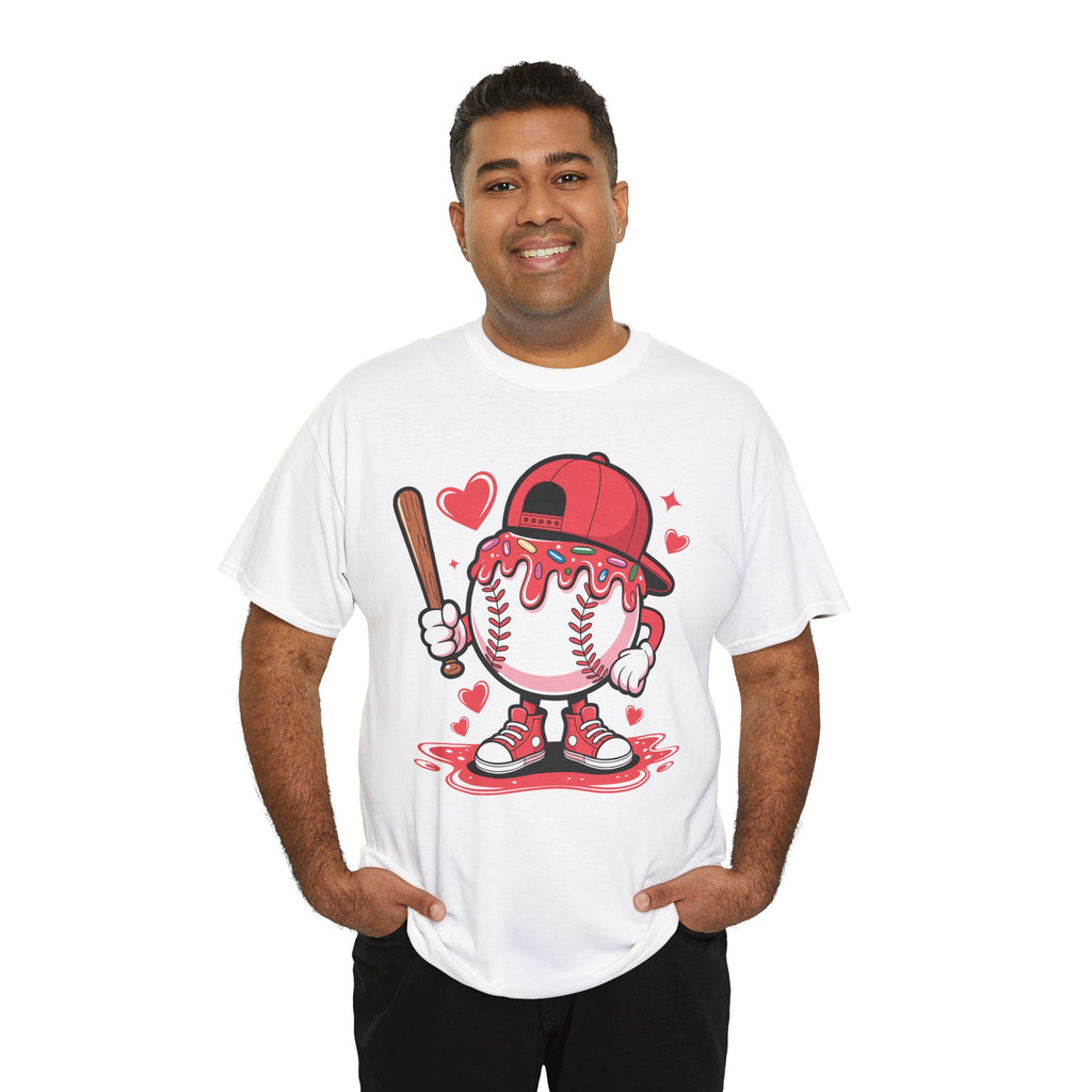 Cute Baseball Character T-Shirt — Red Cap & Icing Top Graphic with Hearts Unisex Cotton Tee