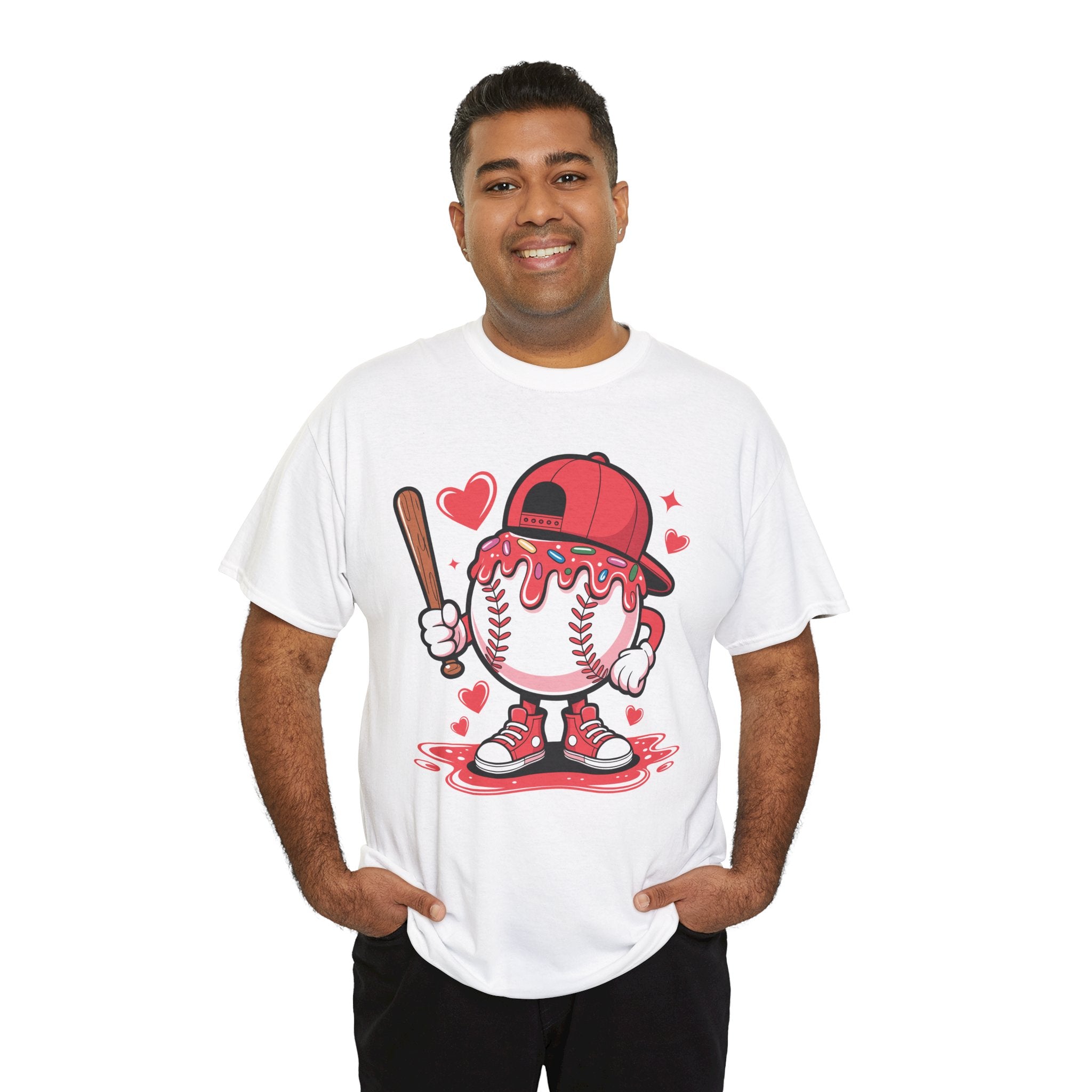 Cute Baseball Character T-Shirt — Red Cap & Icing Top Graphic with Hearts Unisex Cotton Tee