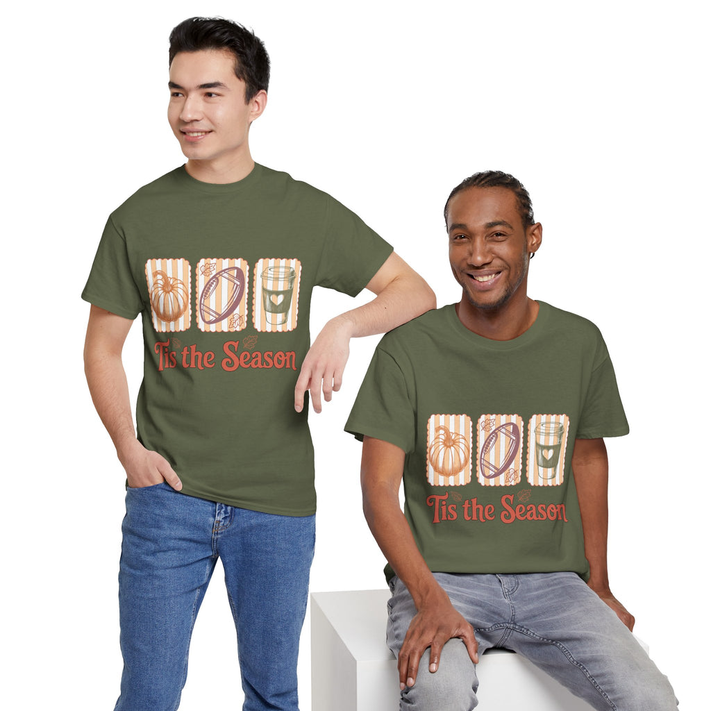 Tis the Season Pumpkin, Football & Coffee Fall Unisex Cotton T-Shirt