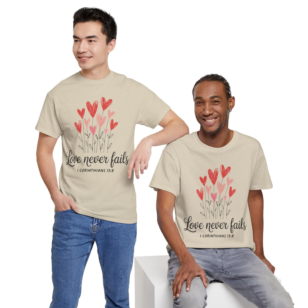 Christian Valentine T-Shirt — "Love Never Fails" (1 Corinthians 13:8) Unisex Cotton Tee