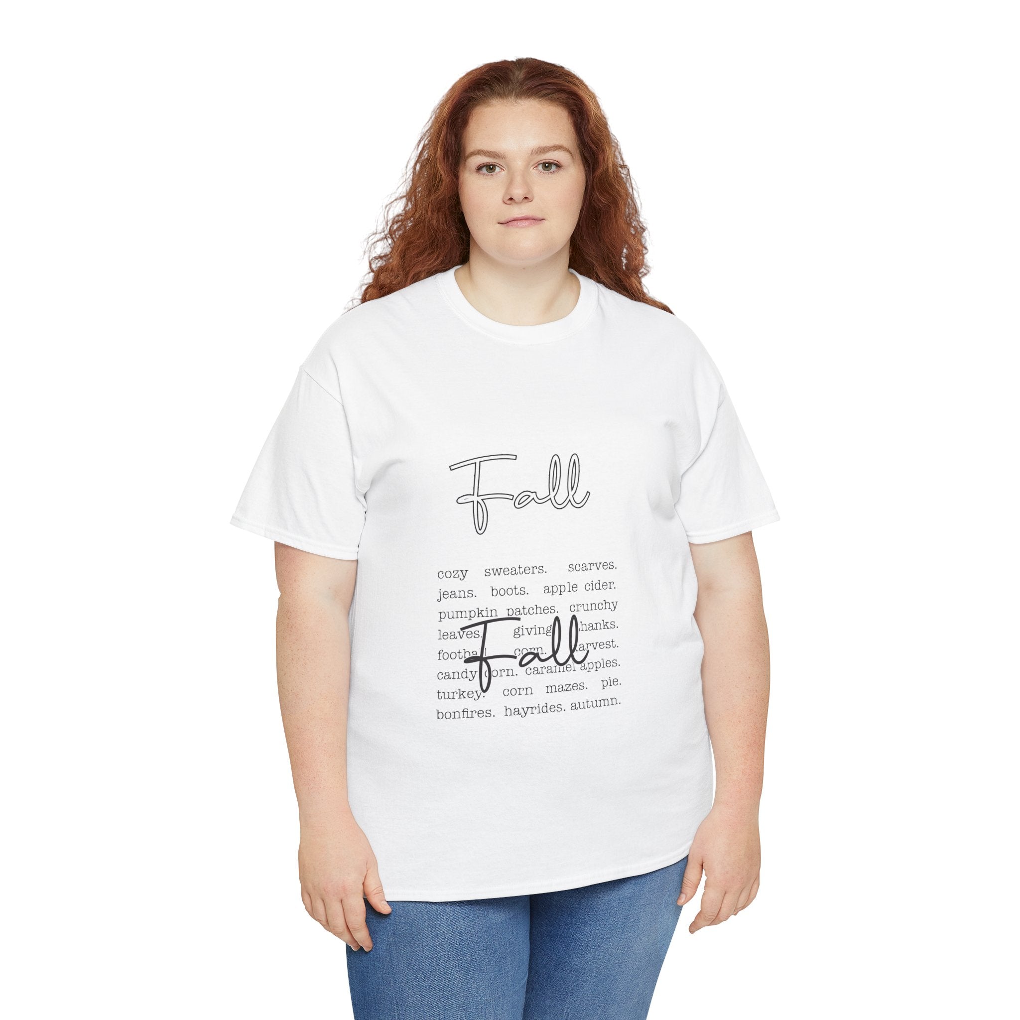 Fall Cursive Typography T-Shirt — Sweaters, Cider & Pumpkins. Unisex Cotton Tee