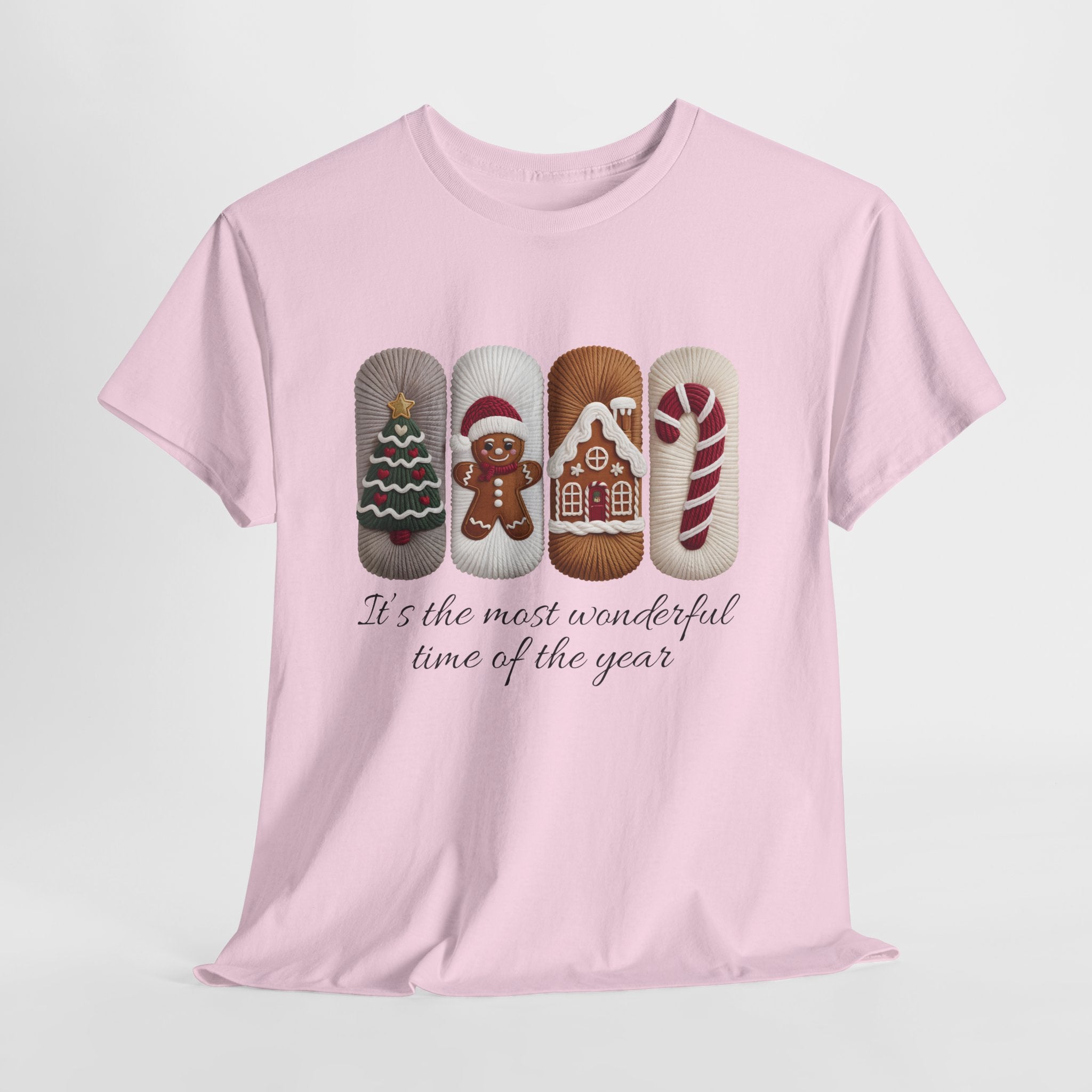 Christmas Faux-Yarn Tree Tee — Gingerbread House & Candy Cane Holiday Unisex Cotton T-Shirt