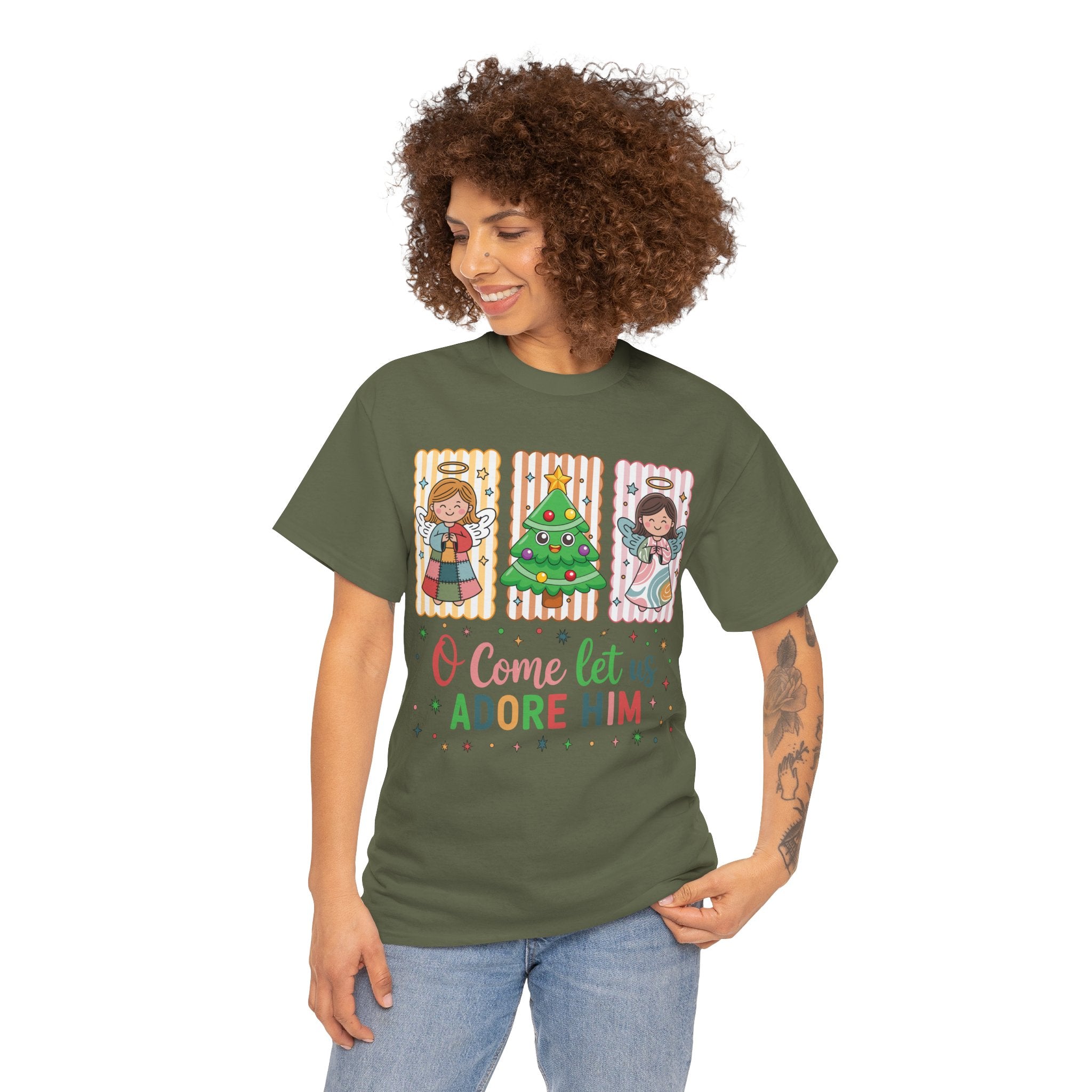 O Come Let Us Adore Him Christmas Tee — Smiling Angels & Happy Tree..Unisex Cotton Tee