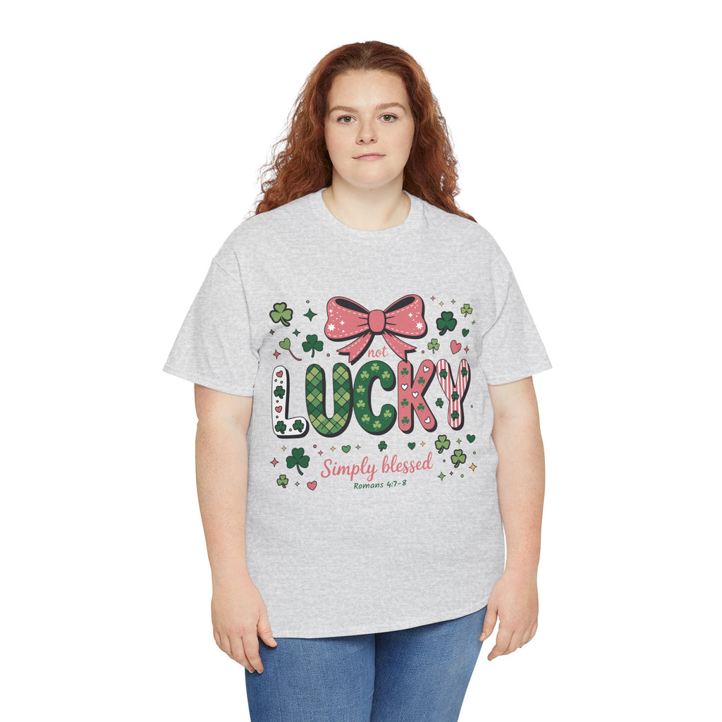 Simply Blessed Tee — “Not Lucky, Simply Blessed” with Pastel Bow, Clovers & Romans 4:7-8 Unisex Cotton Tee