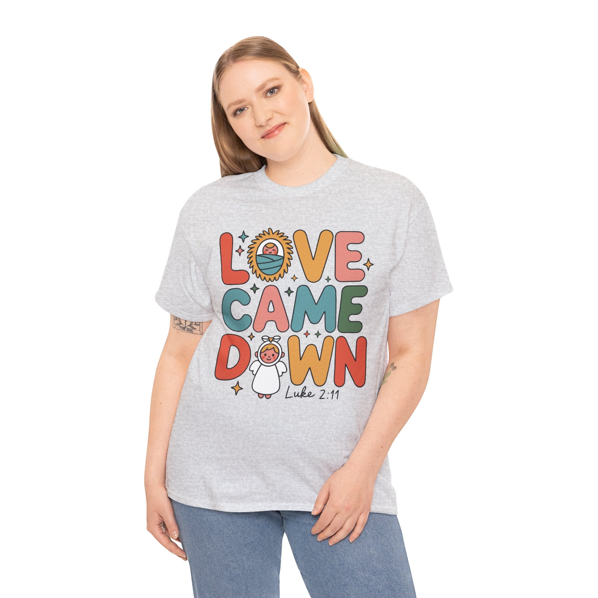 Love Came Down Christmas Tee — Baby Jesus Manger Angel (Luke 2:11)..Unisex Cotton Tee