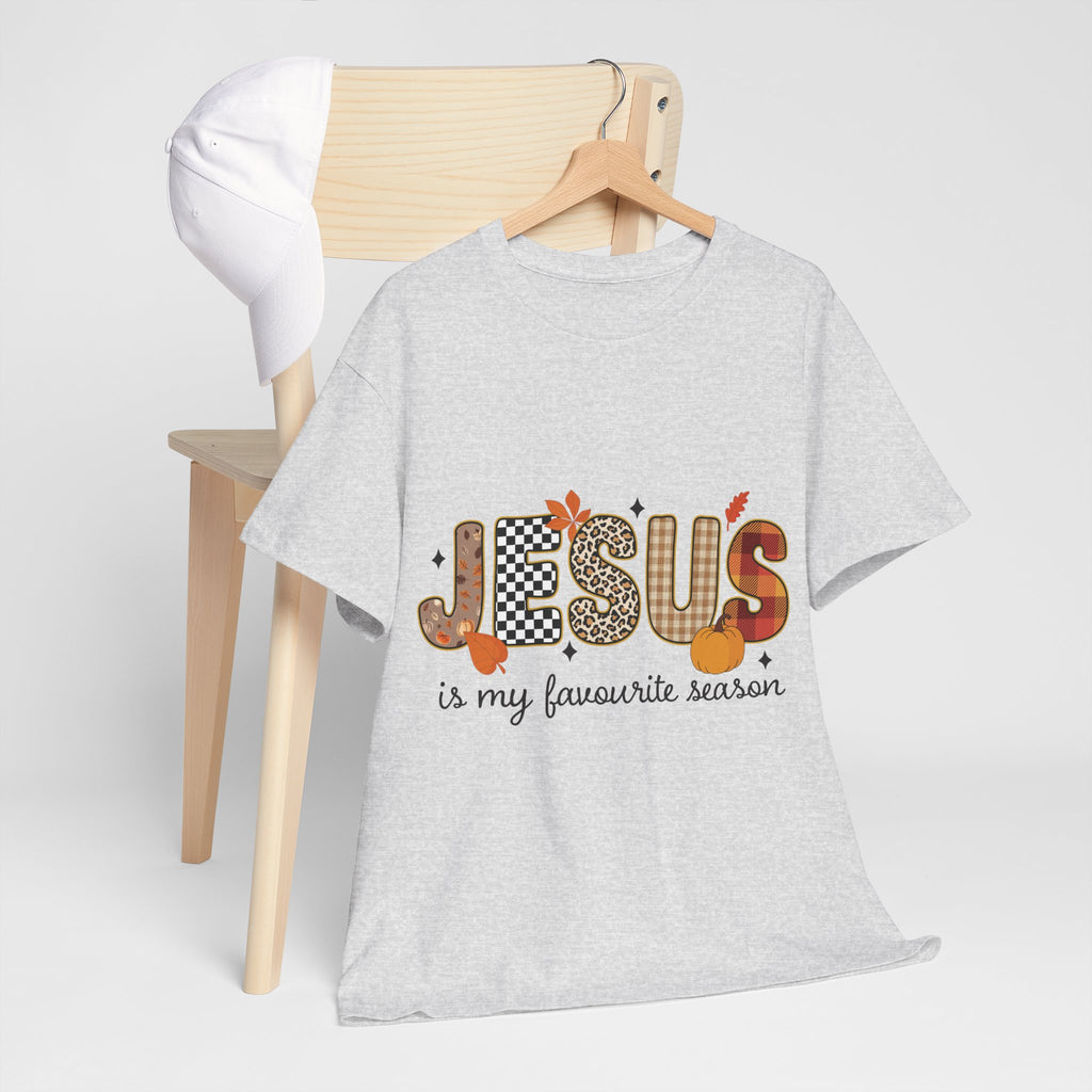 Jesus Is My Favorite Season Tee — Autumn Plaid & Leopard Lettering Unisex Cotton Tee