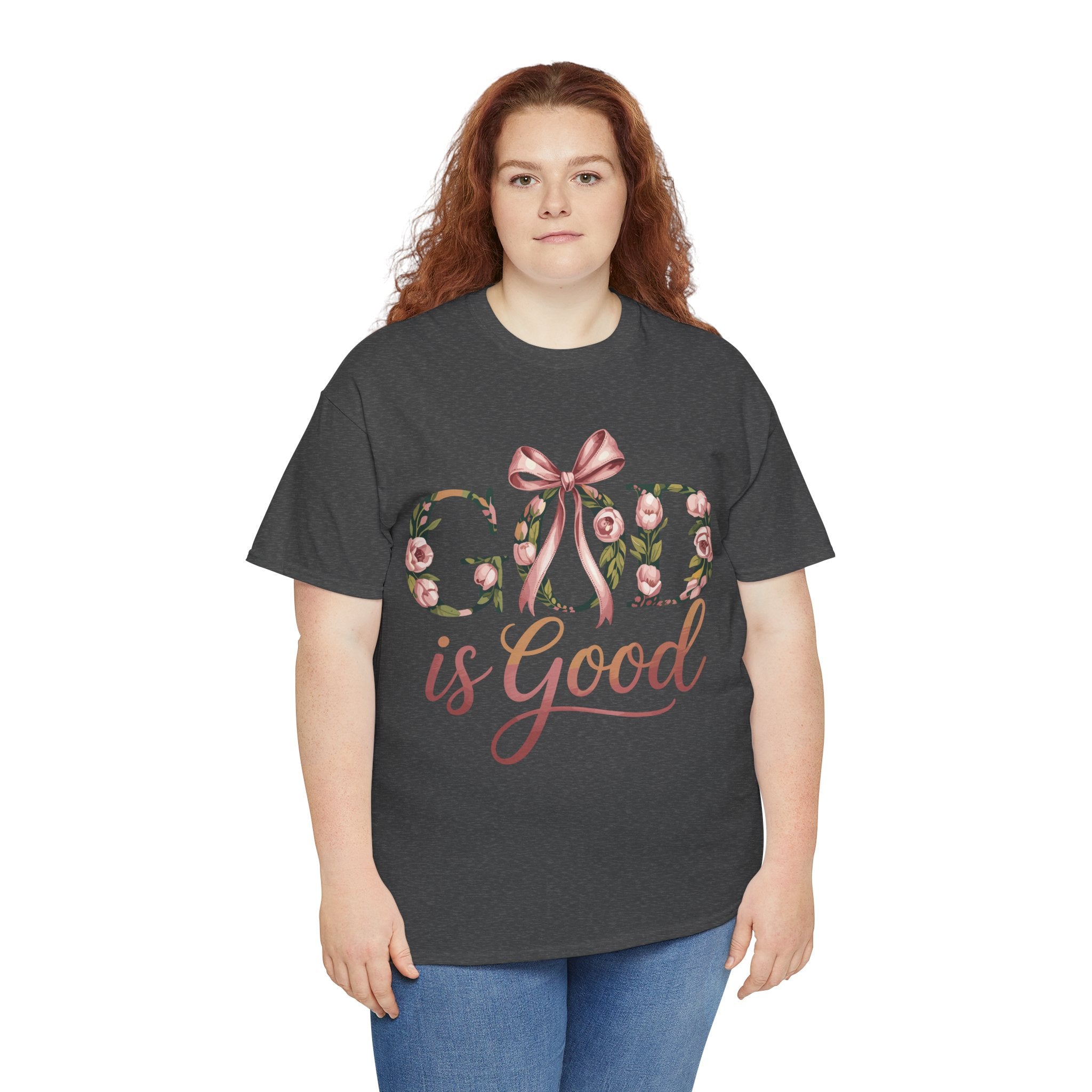 God Is Good Pink Rose Tee — Floral Ribbon Faith Unisex Cotton T-Shirt