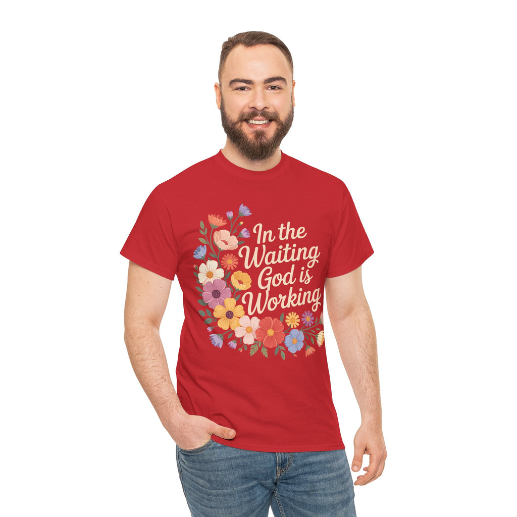 Pastel Floral “In the Waiting God Is Working” Unisex Cotton T-Shirt