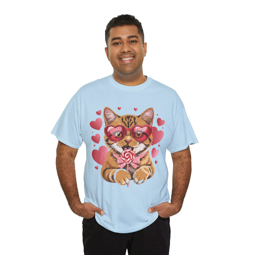 Valentine Cat Tee — Heart Glasses, Lollipop Bow Unisex Cotton Tee