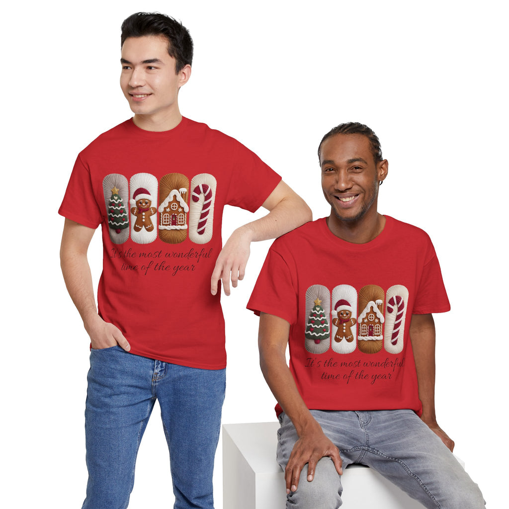 Christmas Faux-Yarn Tree Tee — Gingerbread House & Candy Cane Holiday Unisex Cotton T-Shirt