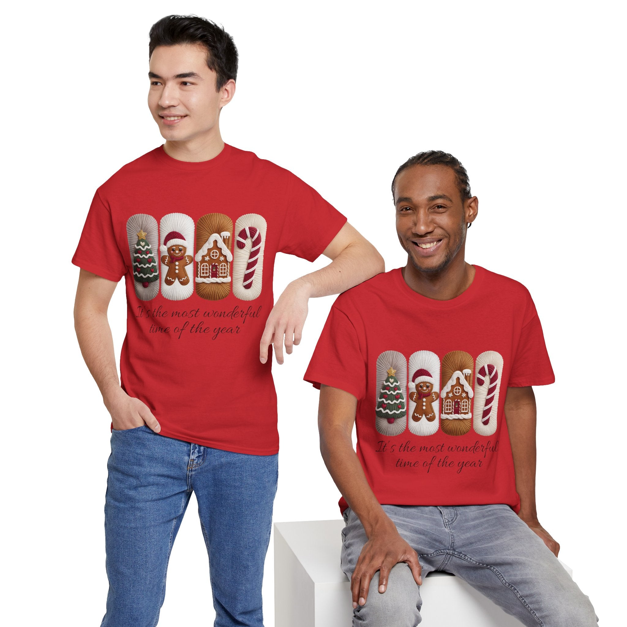 Christmas Faux-Yarn Tree Tee — Gingerbread House & Candy Cane Holiday Unisex Cotton T-Shirt