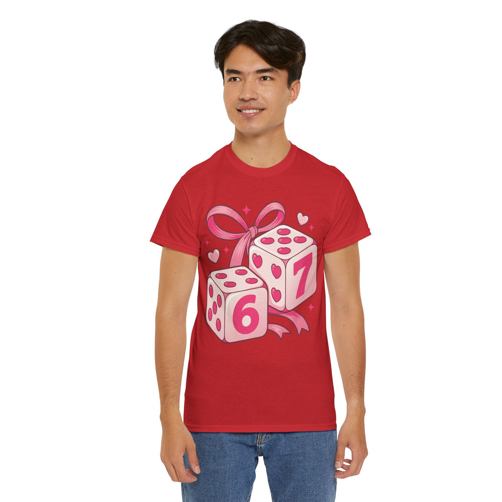 Lucky Love Dice T-Shirt — Pink Heart Dice with Bow..Unisex Cotton Tee