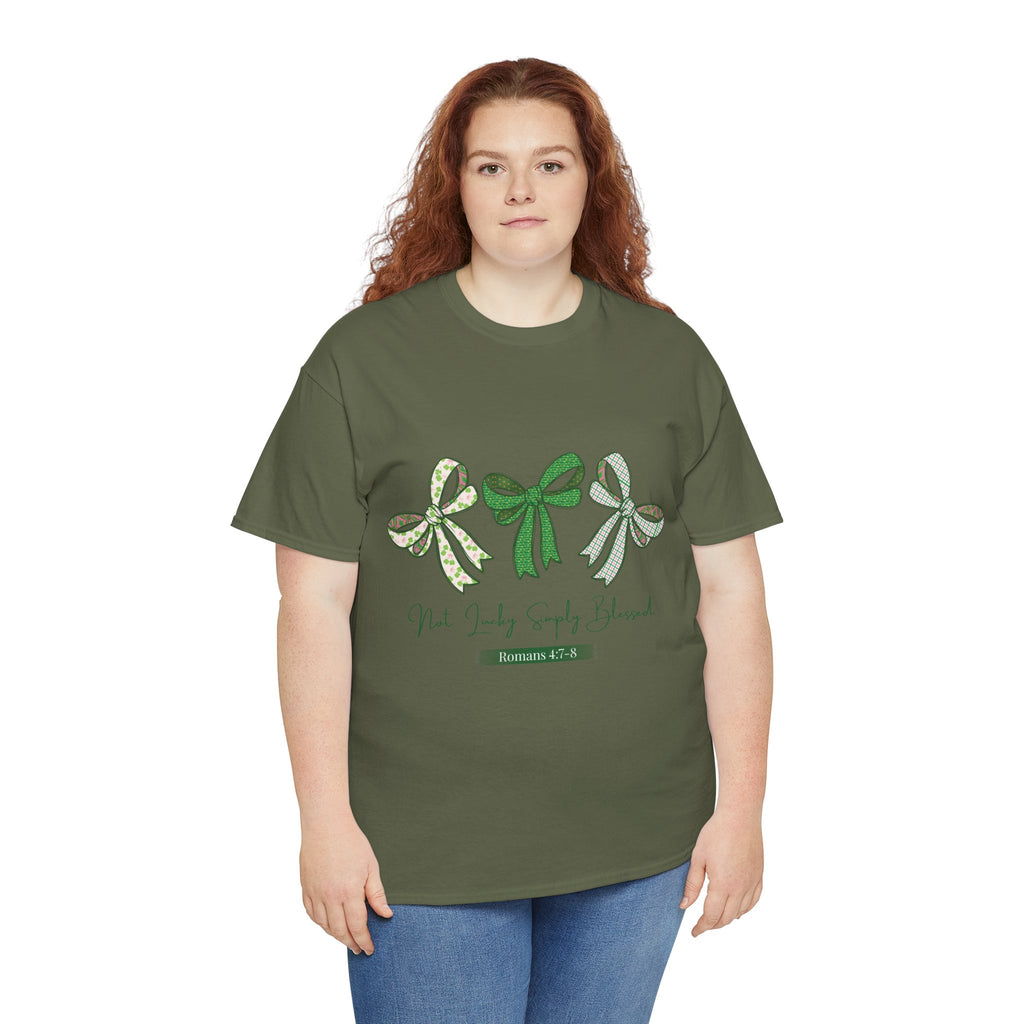 Not Lucky Simply Blessed Tee — Romans 4:7-8 Green Bow Christian Unisex Cotton T-Shirt