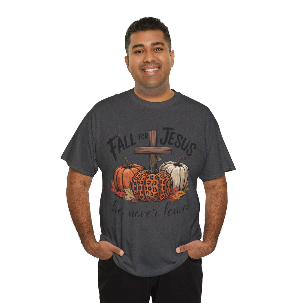 Fall for Jesus Pumpkin Cross Tee — "He Never Leaves" Autumn Christian Unisex Cotton T-Shirt