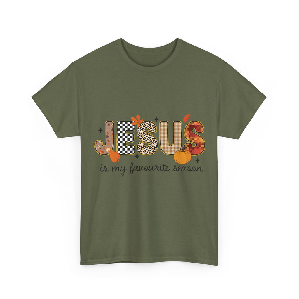 Jesus Is My Favorite Season Tee — Autumn Plaid & Leopard Lettering Unisex Cotton Tee