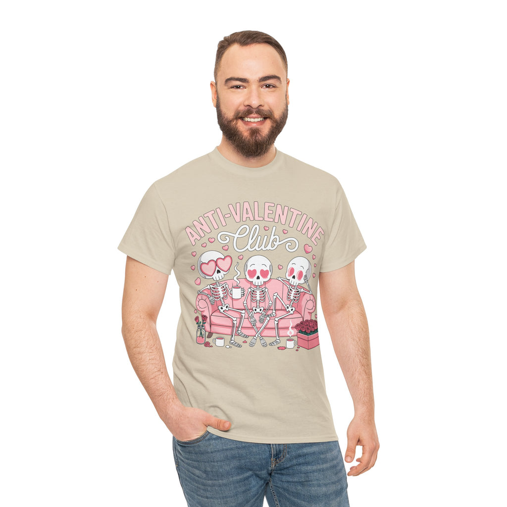 Anti-Valentine Club Skeleton Tee — Anti-Romance Pink Couch Graphic Unisex Cotton T-Shirt
