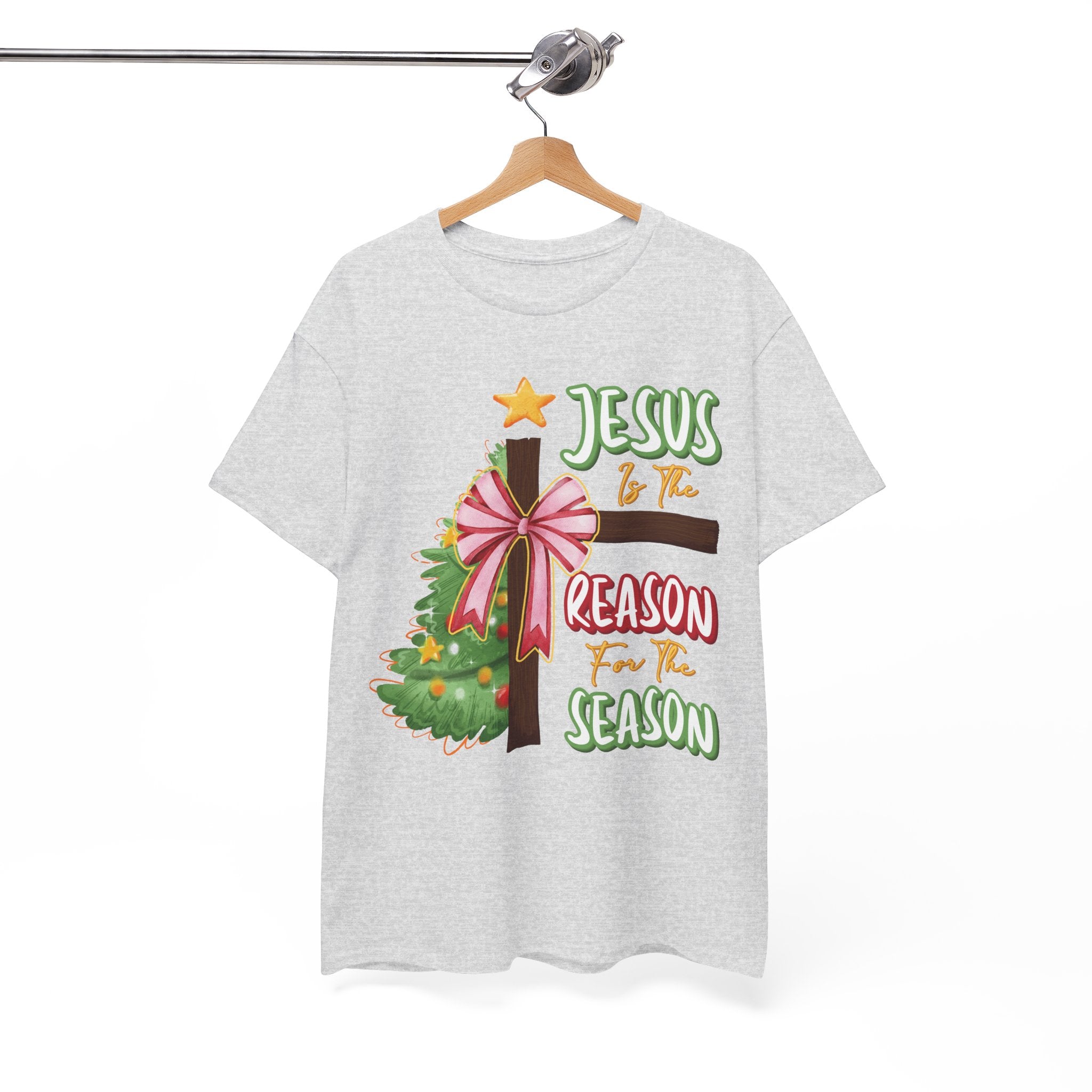 Jesus Is the Reason for the Season Christmas Tee — Cross with Pink Bow & Tree. Unisex Cotton Tee