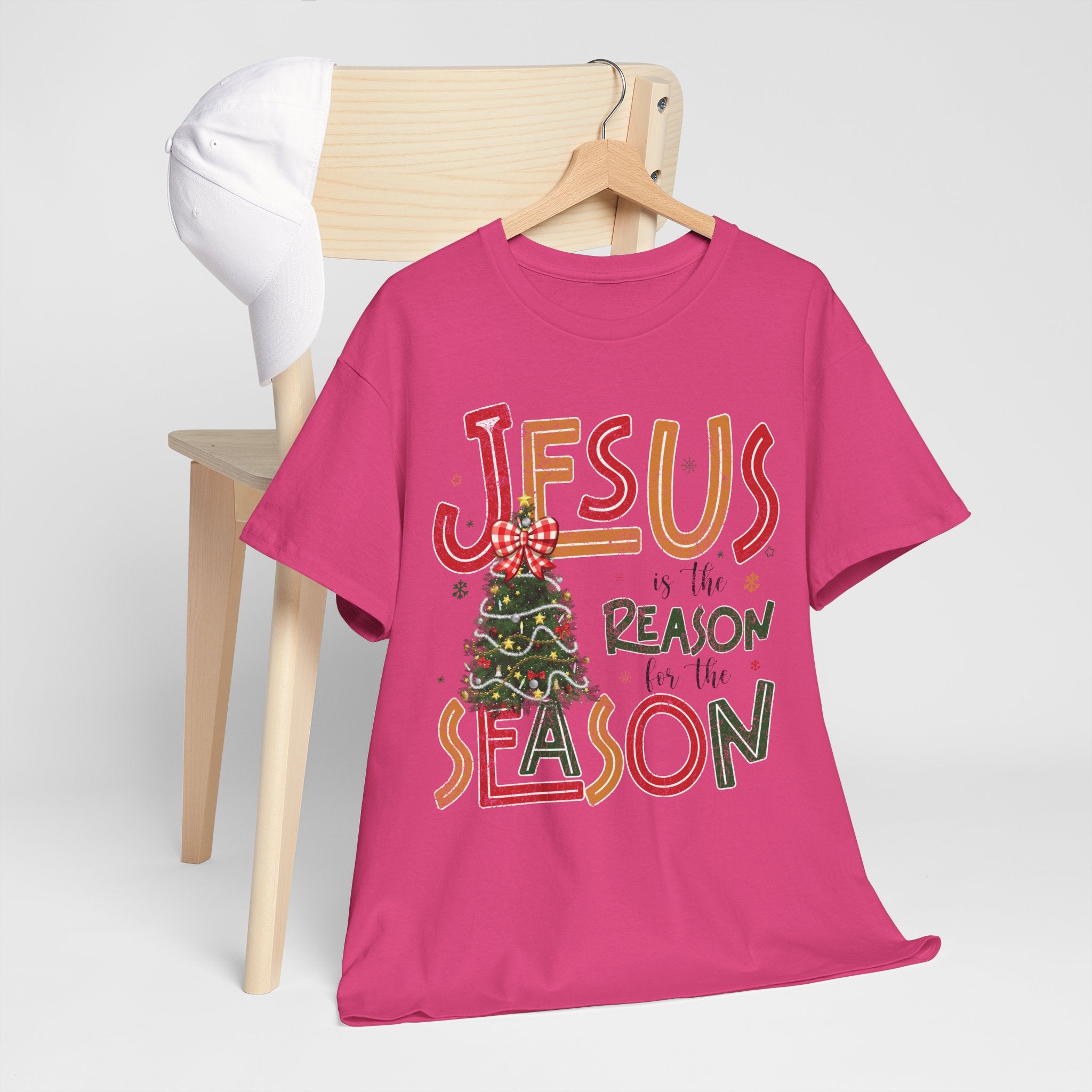 Jesus Is the Reason for the Season Christmas T-Shirt — Plaid Bow Tree..Unisex Cotton Tee