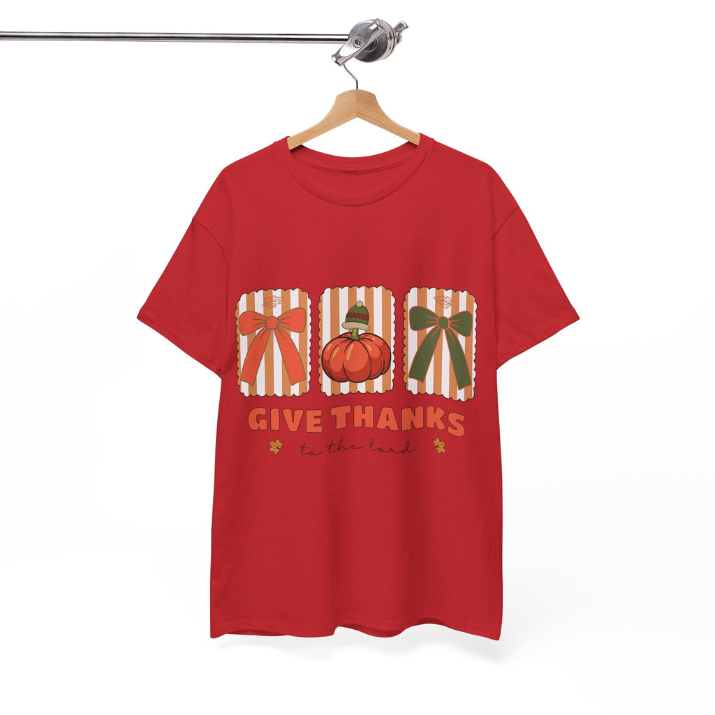 Give Thanks Thanksgiving T-Shirt — Pumpkin with Hat & Bows Unisex Cotton Tee