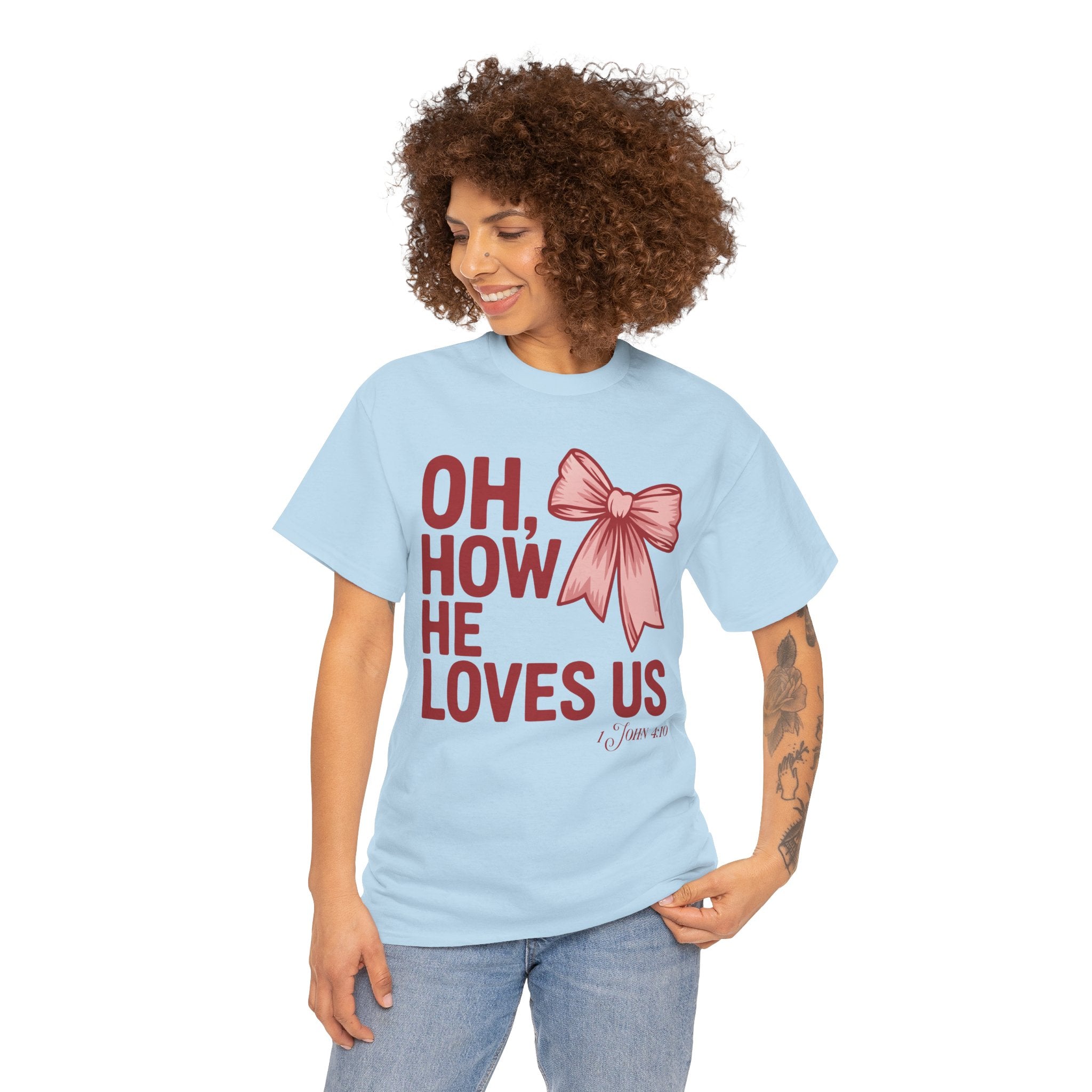 Oh, How He Loves Us Christian Valentine Tee — 1 John 4:10 Red & Pink Unisex Cotton Tee
