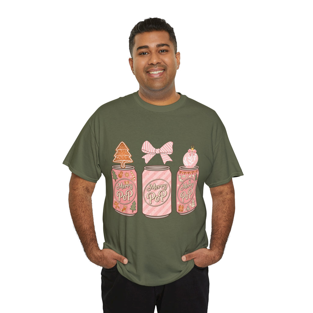 Merry Pop Christmas Soda Can Tee — Pastel Holiday Graphic Unisex Cotton T-Shirt