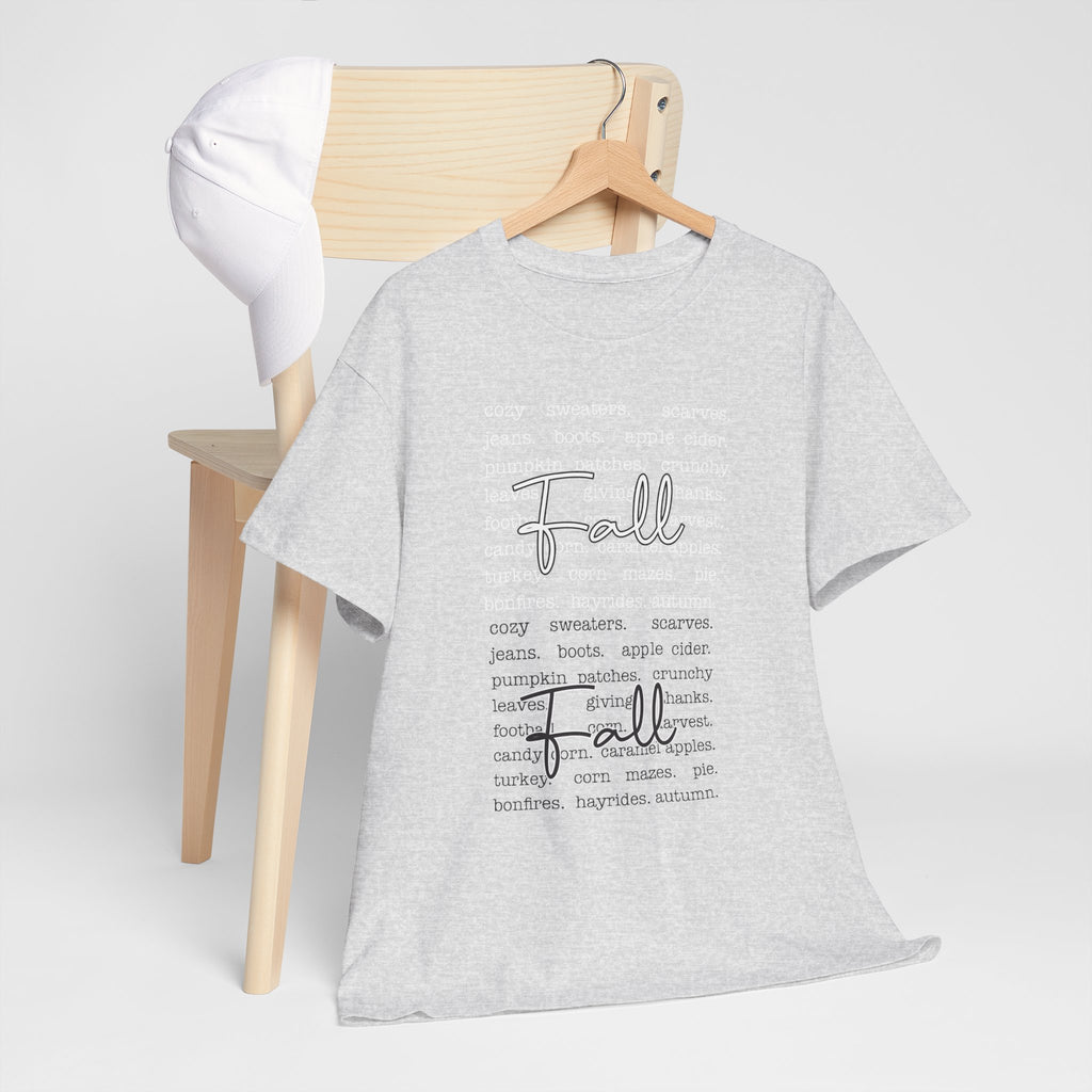 Fall Cursive Typography T-Shirt — Sweaters, Cider & Pumpkins. Unisex Cotton Tee