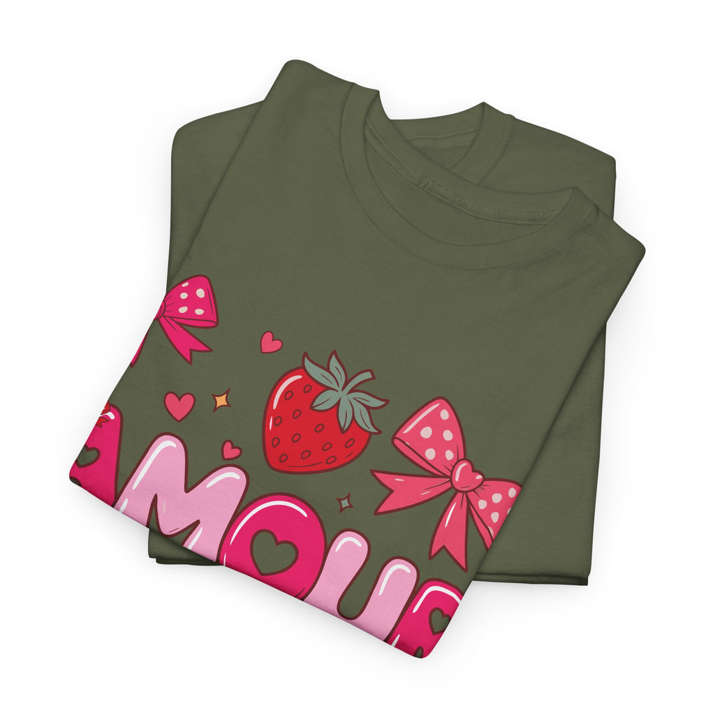 Amour Pink Hearts Tee — Shiny Lettering with Bows, Cherries & Strawberry Accent...Unisex Cotton Tee
