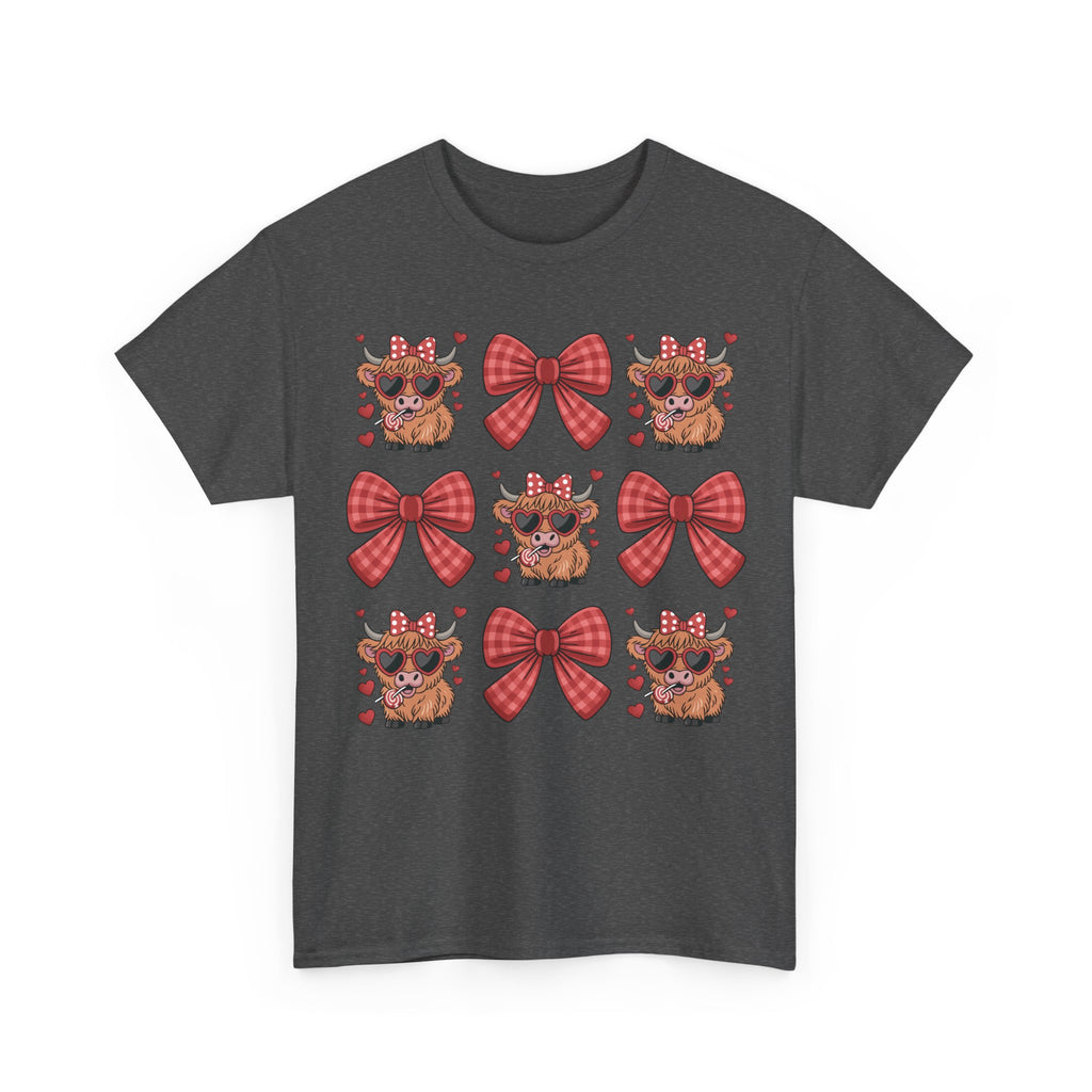 Valentine Cow Checkered Tee — Fluffy Cows with Heart Sunglasses & Red Bows..Unisex Cotton Tee