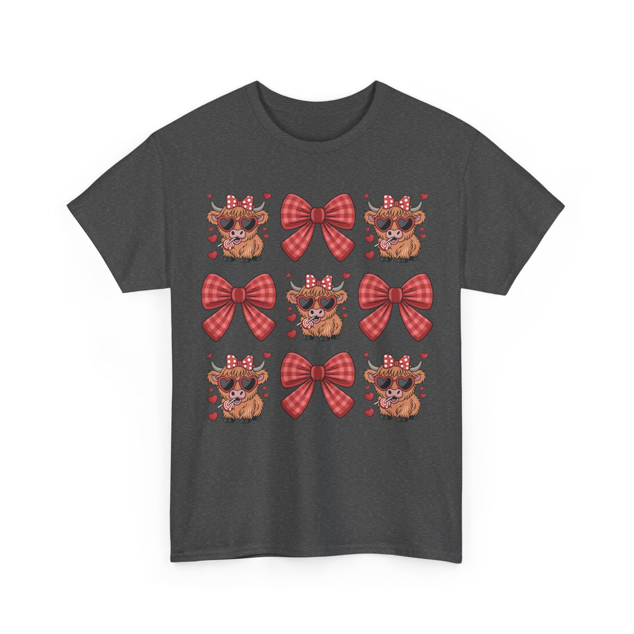 Valentine Cow Checkered Tee — Fluffy Cows with Heart Sunglasses & Red Bows..Unisex Cotton Tee