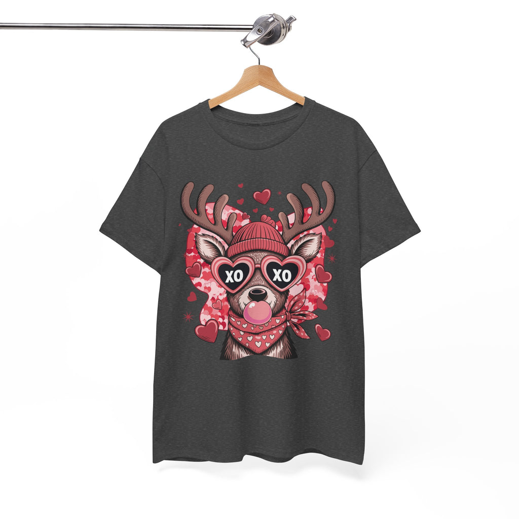 Valentine Deer Tee — Cute XO Heart Glasses, Beanie & Scarf Unisex Cotton Tshirt