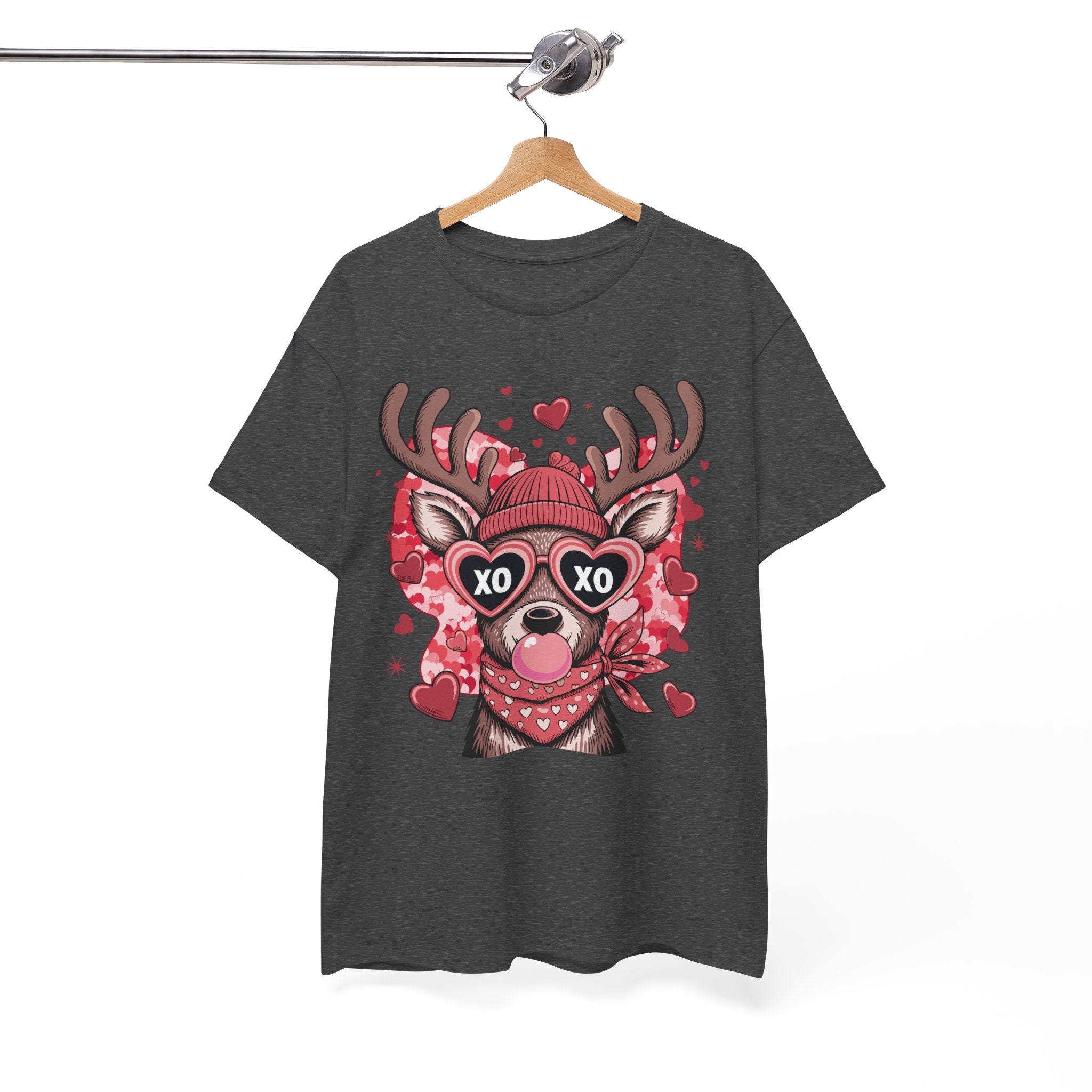 Valentine Deer Tee — Cute XO Heart Glasses, Beanie & Scarf Unisex Cotton Tshirt