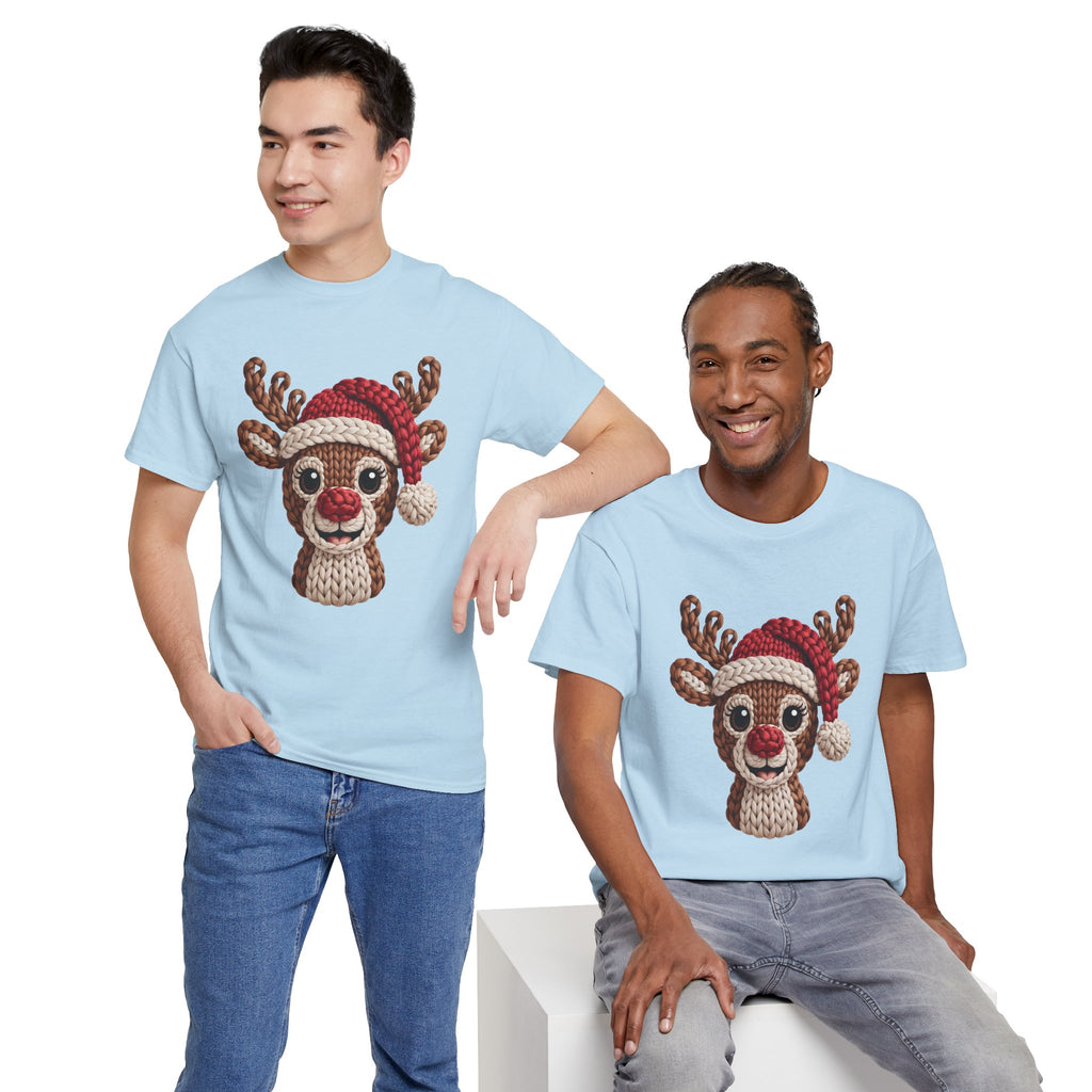 Reindeer in Santa Hat Cotton Tee — Joyful Faux-Yarn Holiday Unisex Coton T-Shirt