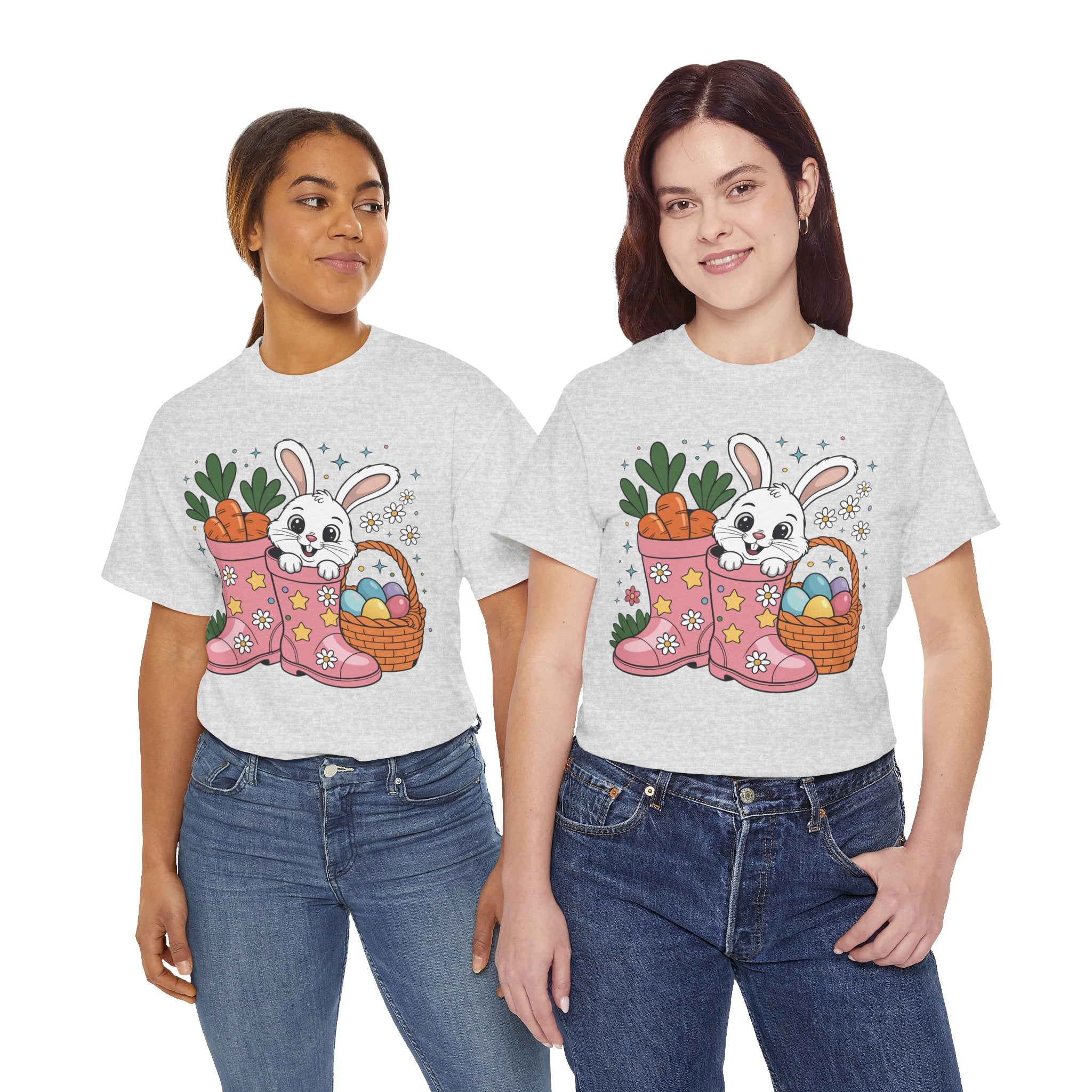 Easter Bunny in Pink Rain Boots T-Shirt — Cartoon Bunny, Carrots & Colorful Eggs Unisex Cotton Tee
