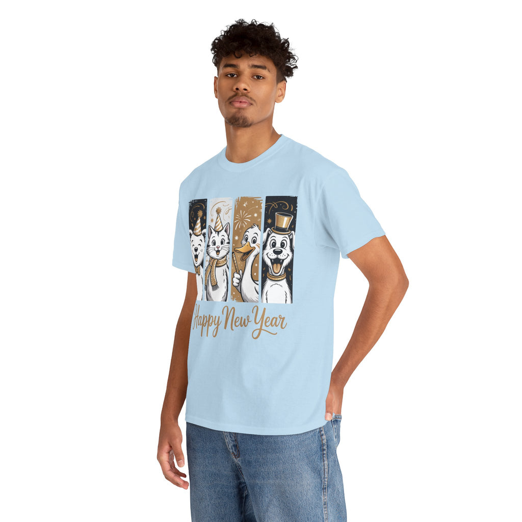 Happy New Year Party Animals T-Shirt — Cute Smiling Animals in Party Hats & Gold Fireworks..Unisex Cotton Tee