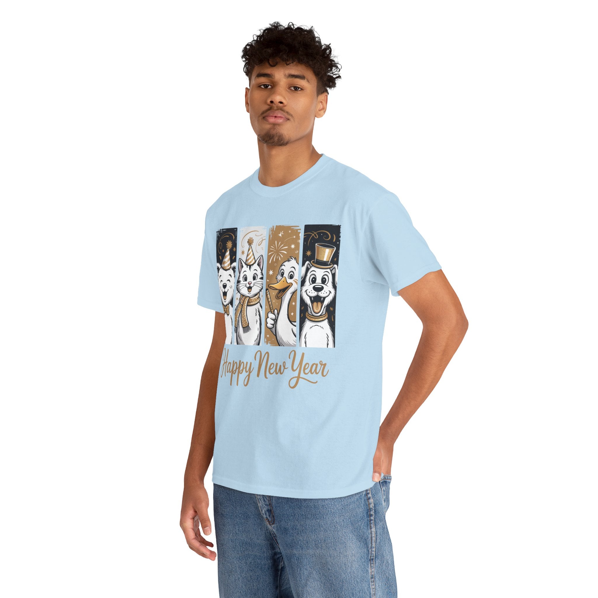 Happy New Year Party Animals T-Shirt — Cute Smiling Animals in Party Hats & Gold Fireworks..Unisex Cotton Tee