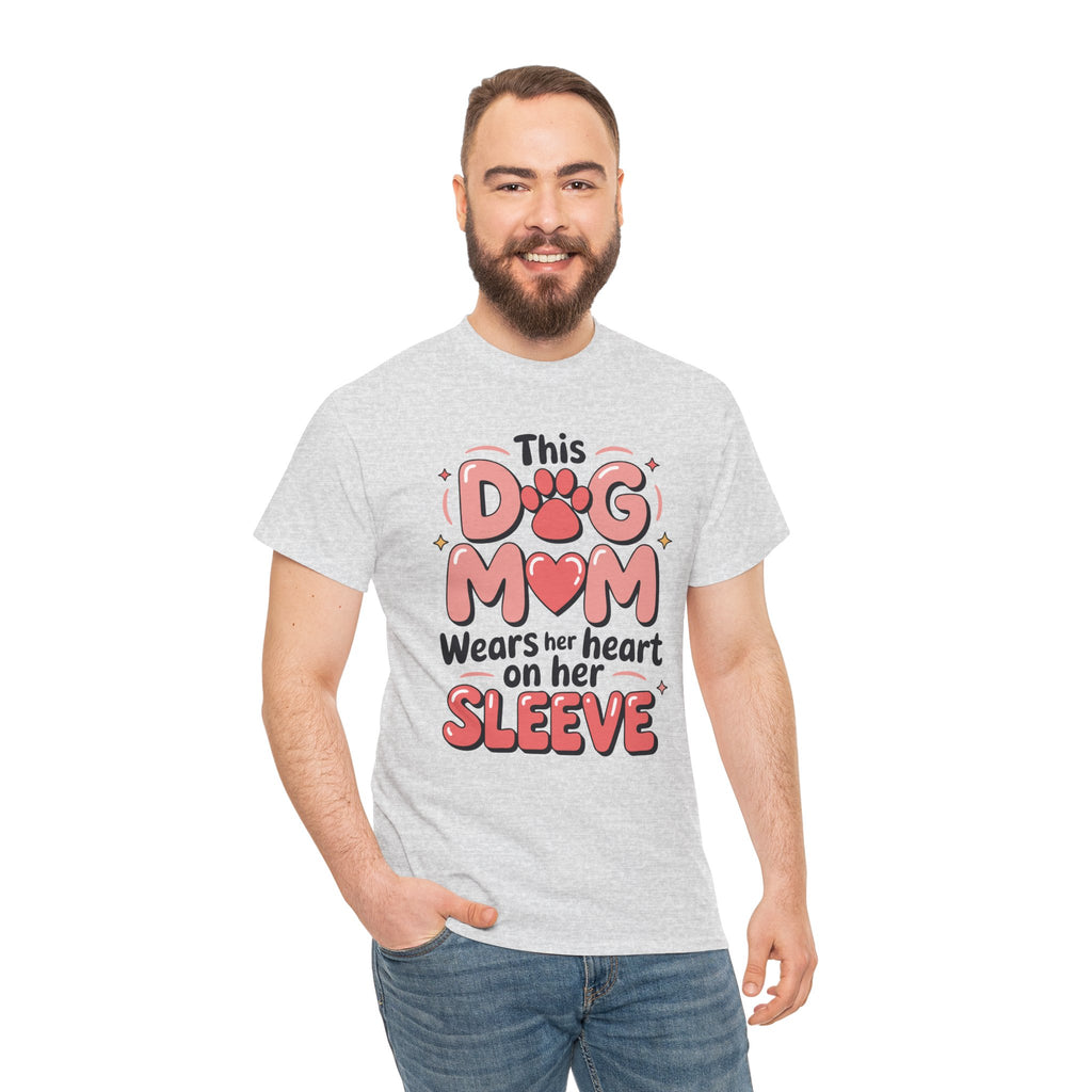 Dog Mom T-Shirt — "This Dog Mom Wears Her Heart on Her Sleeve" Paw & Heart Unisex Cotton Tee