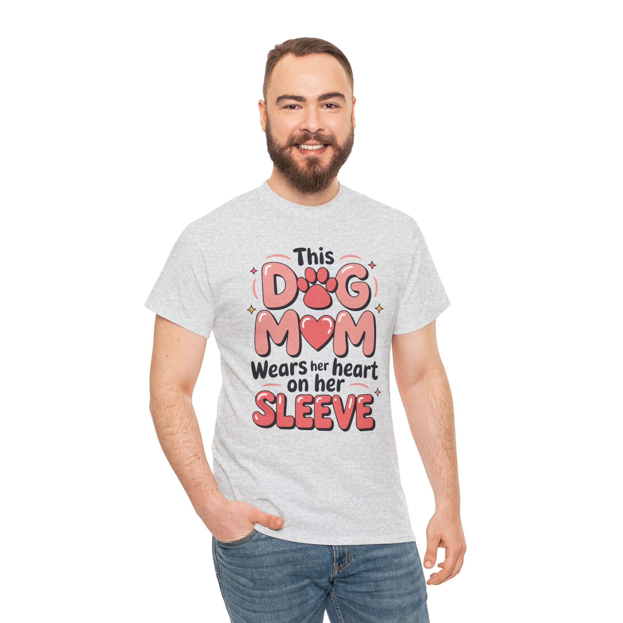 Dog Mom T-Shirt — "This Dog Mom Wears Her Heart on Her Sleeve" Paw & Heart Unisex Cotton Tee