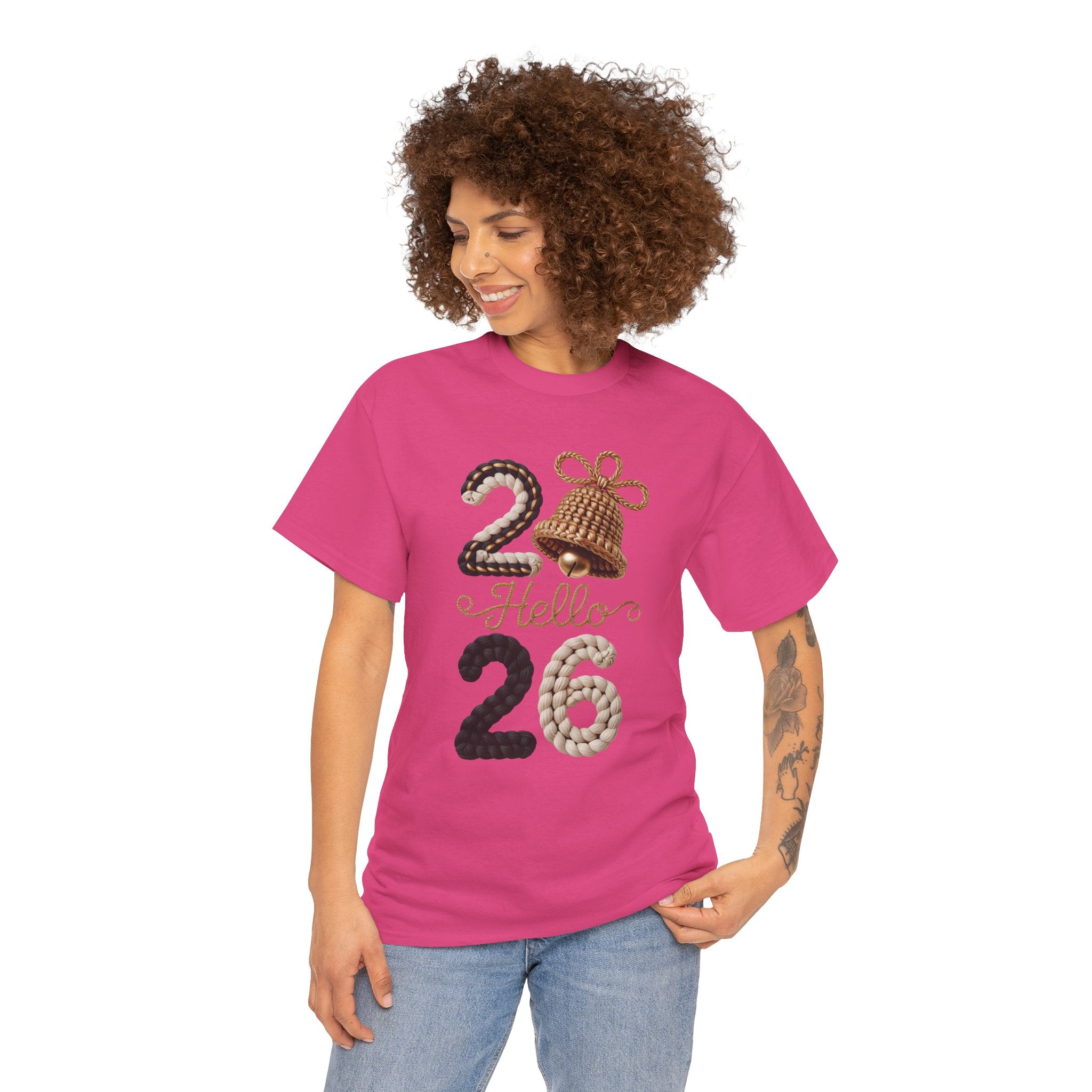 Hello 2026 Tee — Cozy Faux Yarn Braided Numbers with Woven Golden Bell..Unisex Cotton Tee
