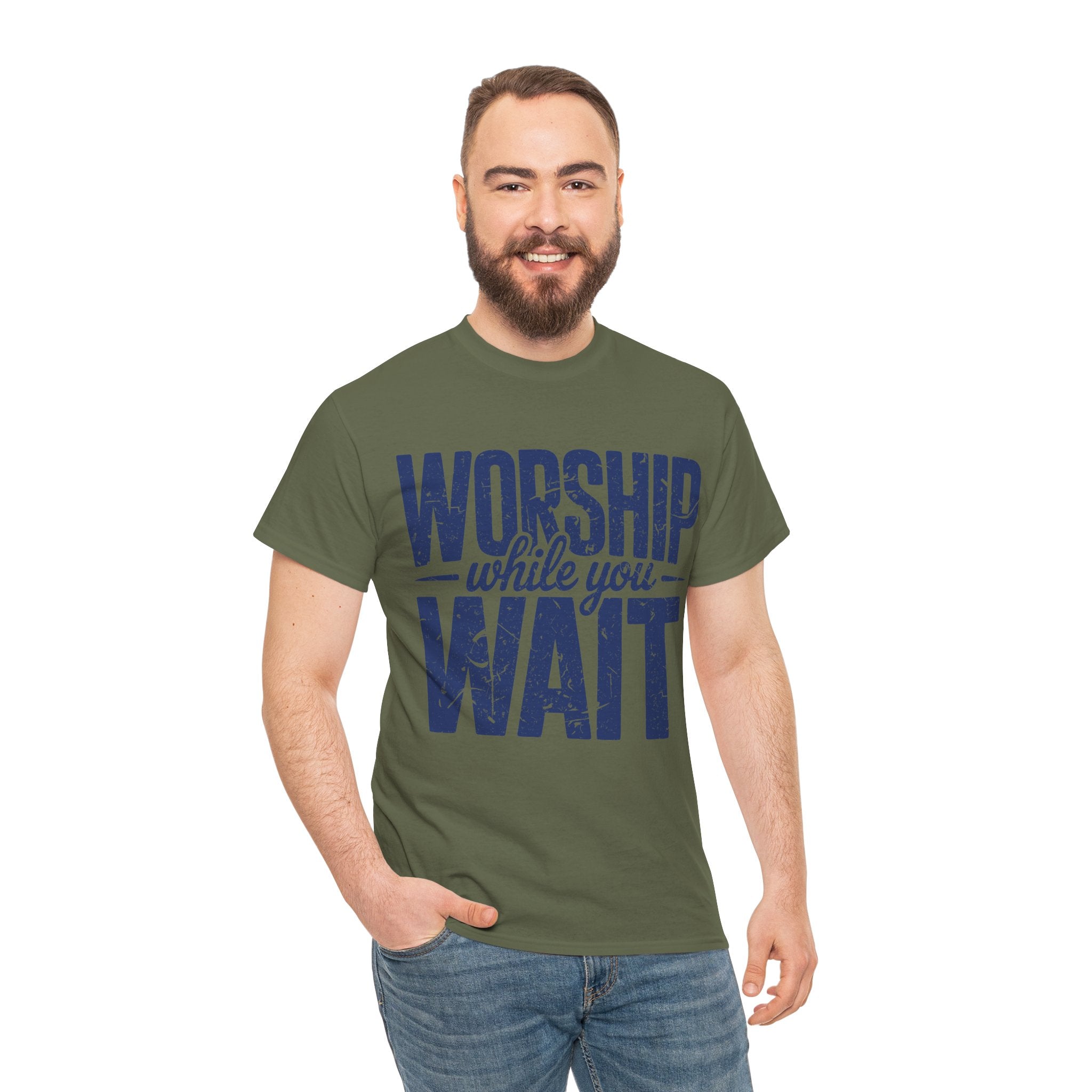Worship While You Wait T‑Shirt — Distressed Pastel Blue Faith Unisex Cotton Tee