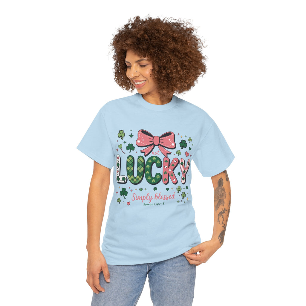 Simply Blessed Tee — “Not Lucky, Simply Blessed” with Pastel Bow, Clovers & Romans 4:7-8 Unisex Cotton Tee